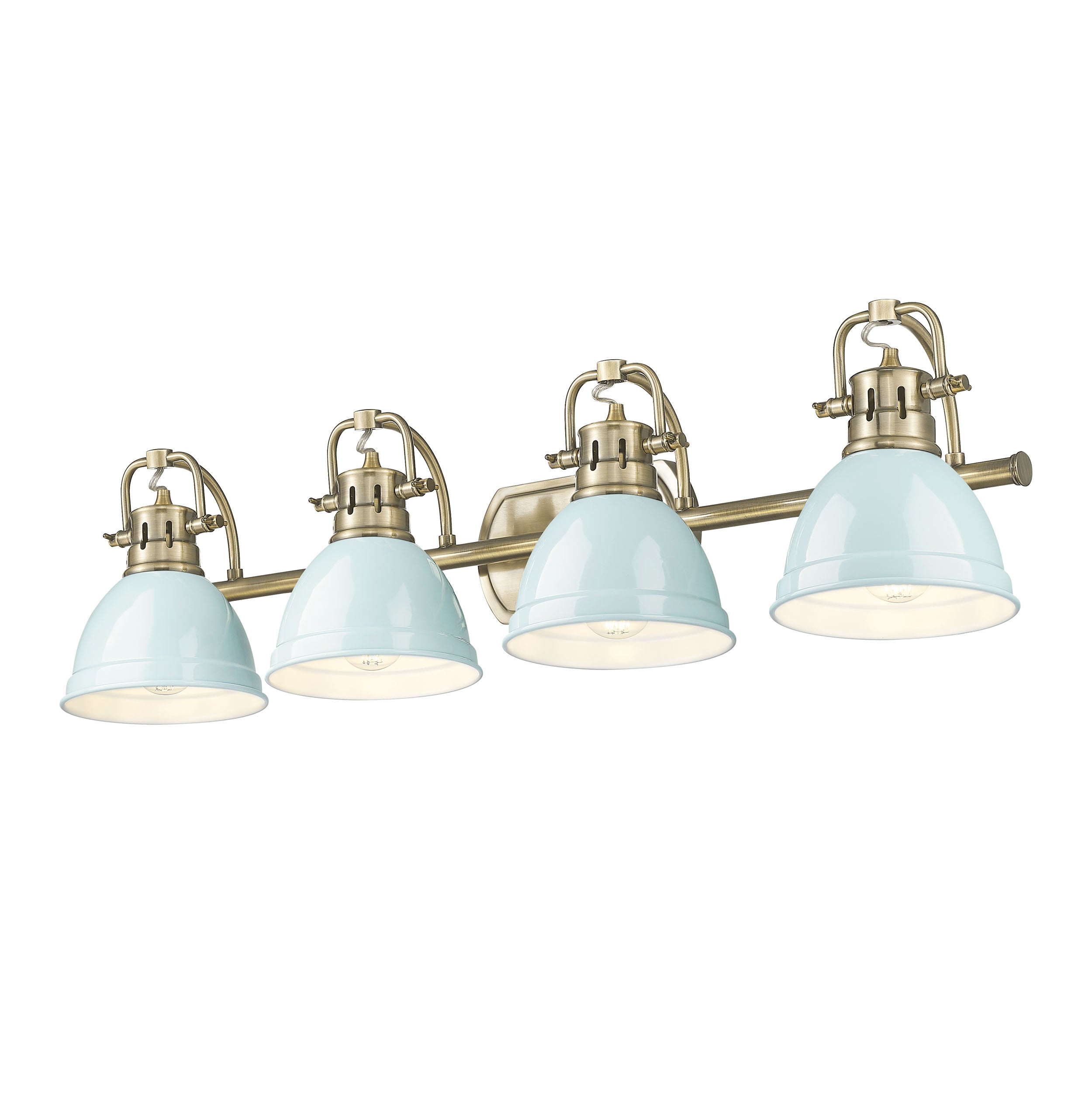Yep by Golden Lighting Duncan 4-light Vanity in Aged Brass and Seafoam shade