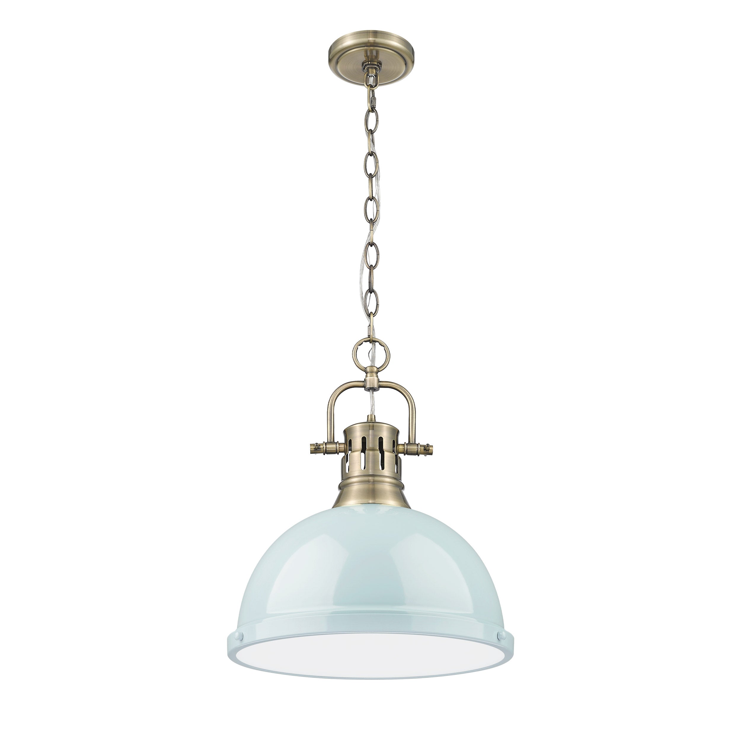 Yep by Golden Lighting Duncan 1-light 14in Chain Hung Pendant in Aged Brass and Seafoam shade - - Golden Lighting