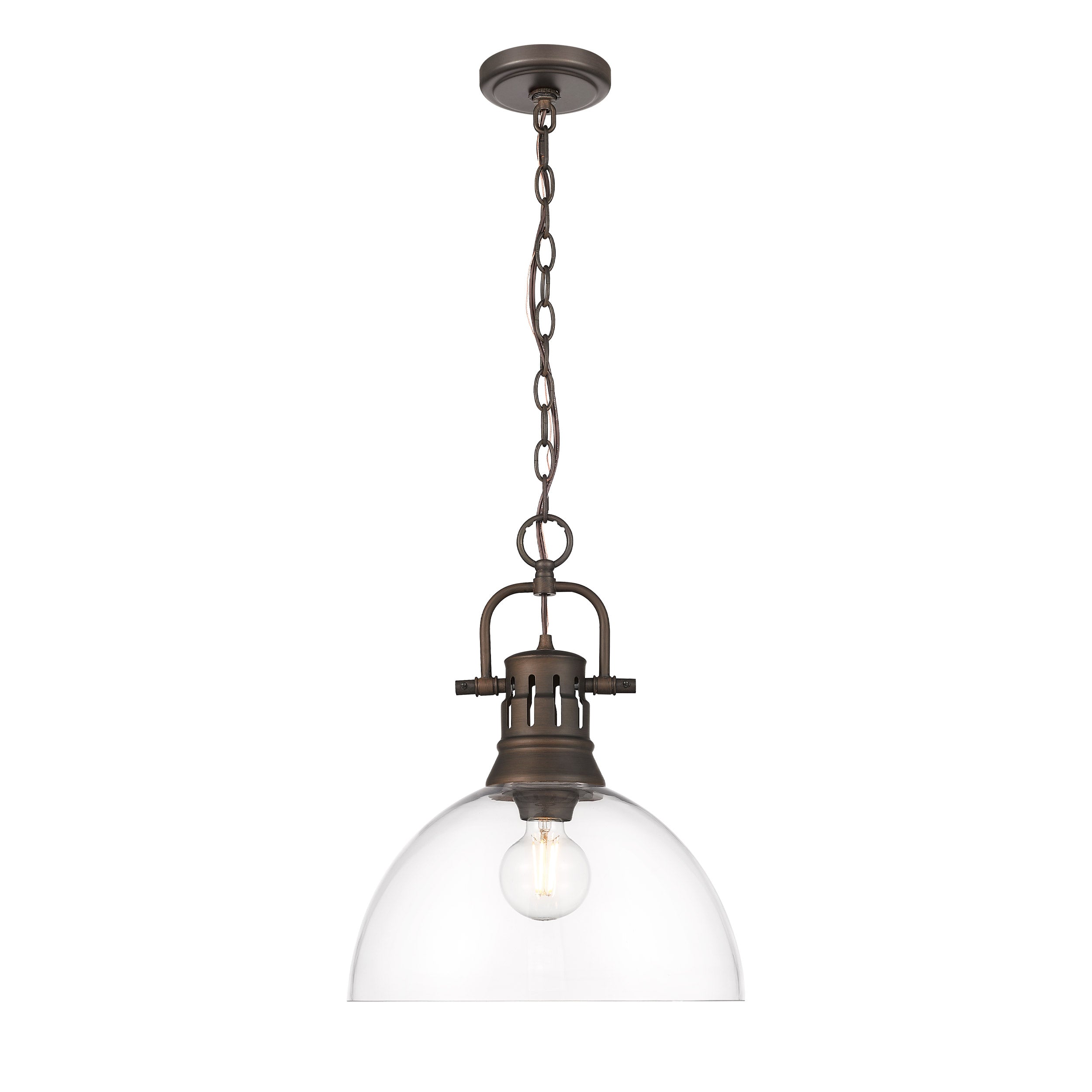Yep by Golden Lighting Duncan 1-light 14in chain hung Pendant in Rubbed Bronze and Clear Glass - - Golden Lighting