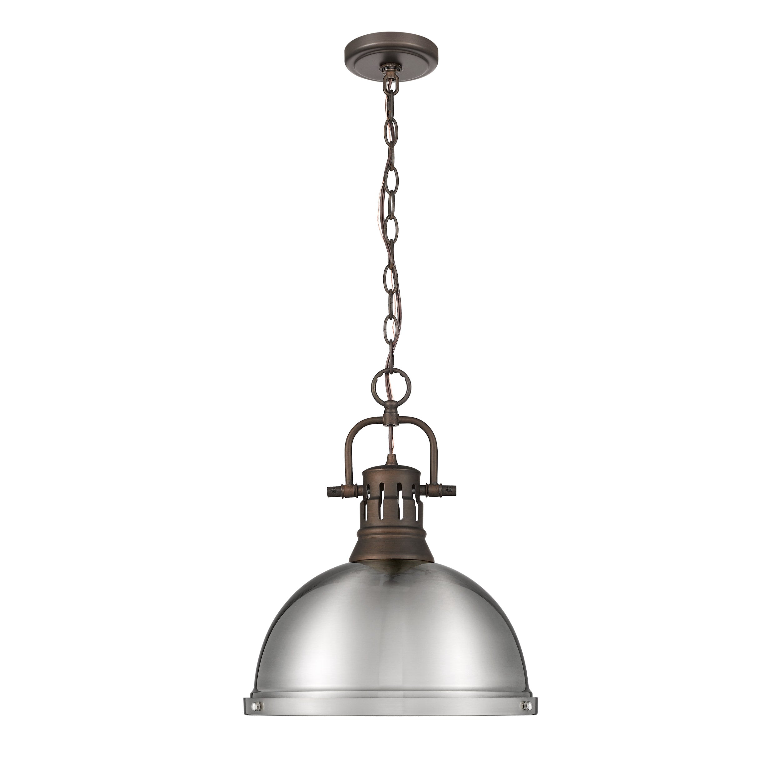 Yep by Golden Lighting Duncan 1-light 14in Chain Hung Pendant in Rubbed Bronze and Pewter shade - - Golden Lighting