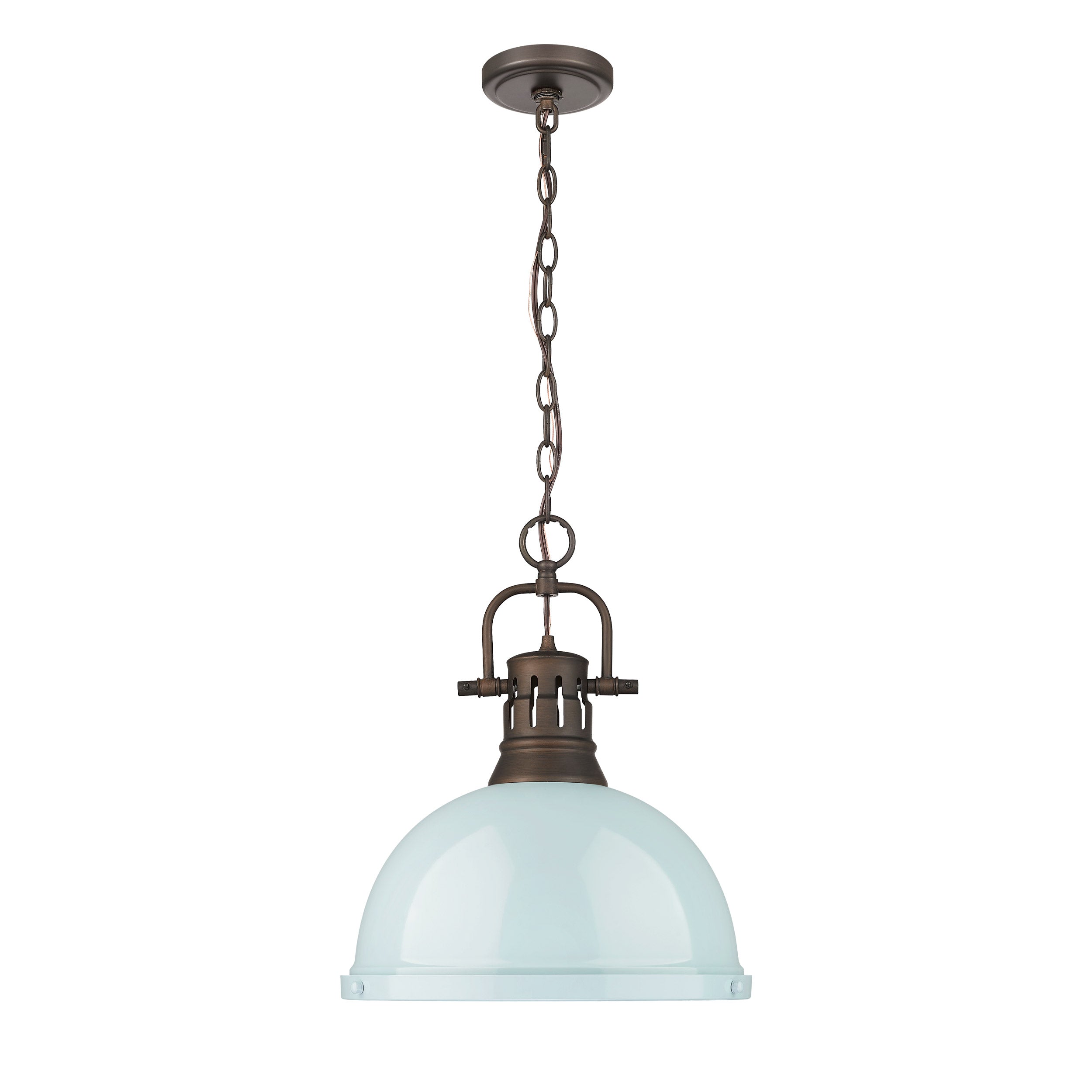 Yep by Golden Lighting Duncan 1-light 14in Chain Hung Pendant in Rubbed Bronze and Seafoam shade - - Golden Lighting