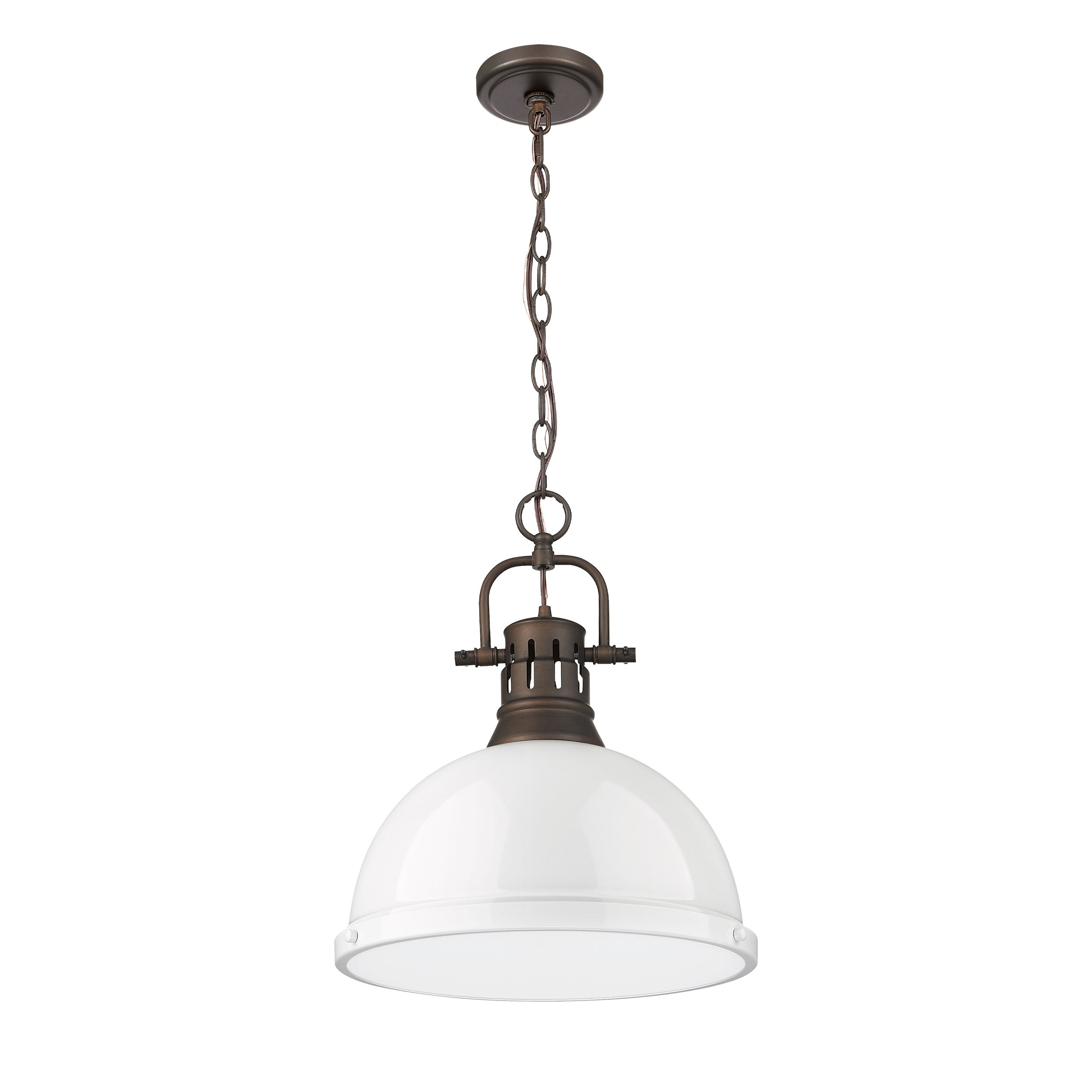Yep by Golden Lighting Duncan 1-light 14in Chain Hung Pendant in Rubbed Bronze and White shade - - Golden Lighting
