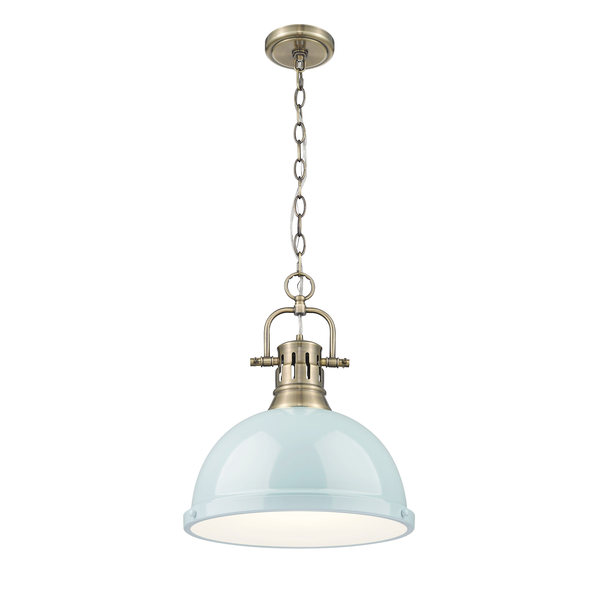 Yep by Golden Lighting Duncan 1-light 14in Chain Hung Pendant in Aged Brass and Seafoam shade - - Golden Lighting