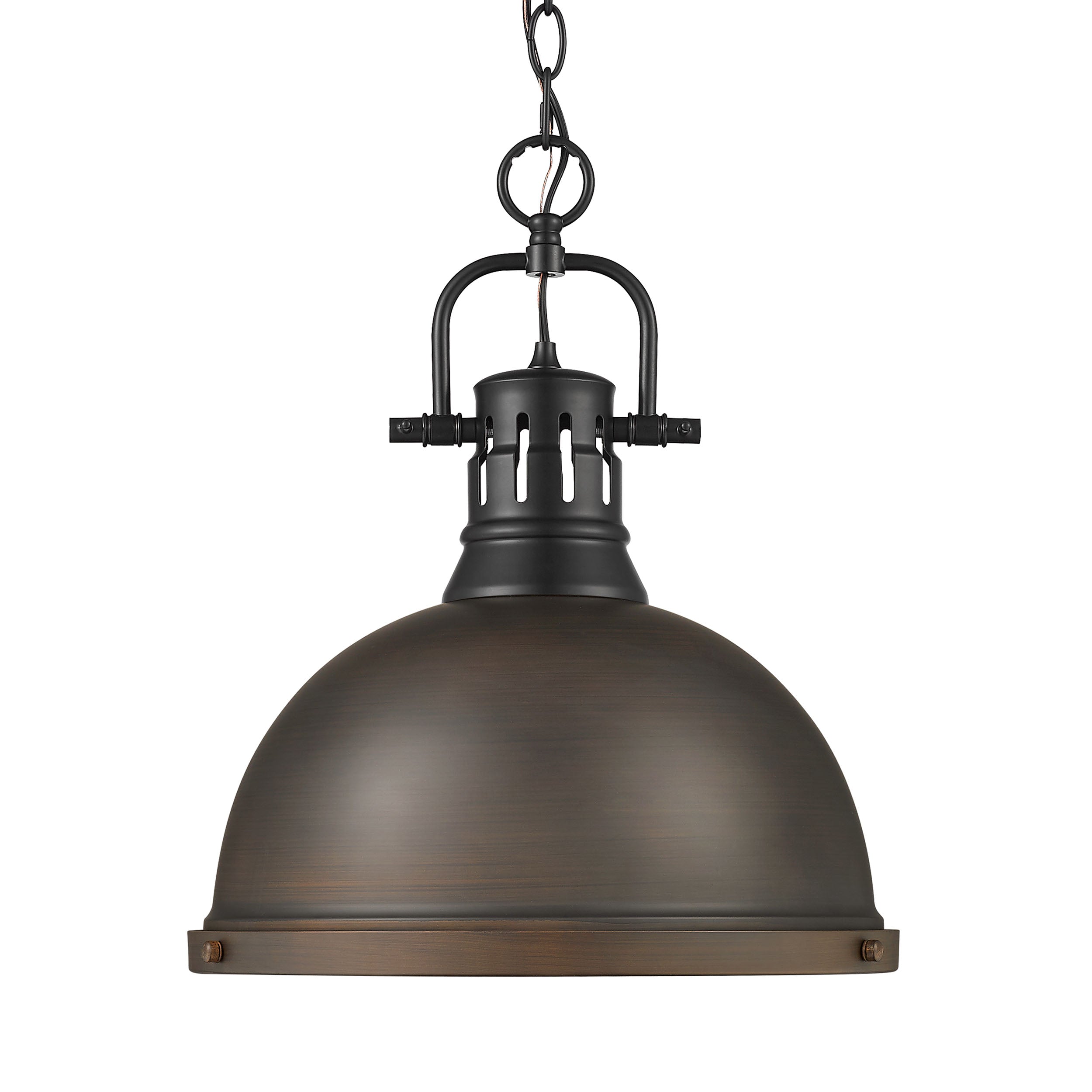 Yep by Golden Lighting Duncan 1-light 14in Chain Hung Pendant in Matte Black and Rubbed Bronze shade