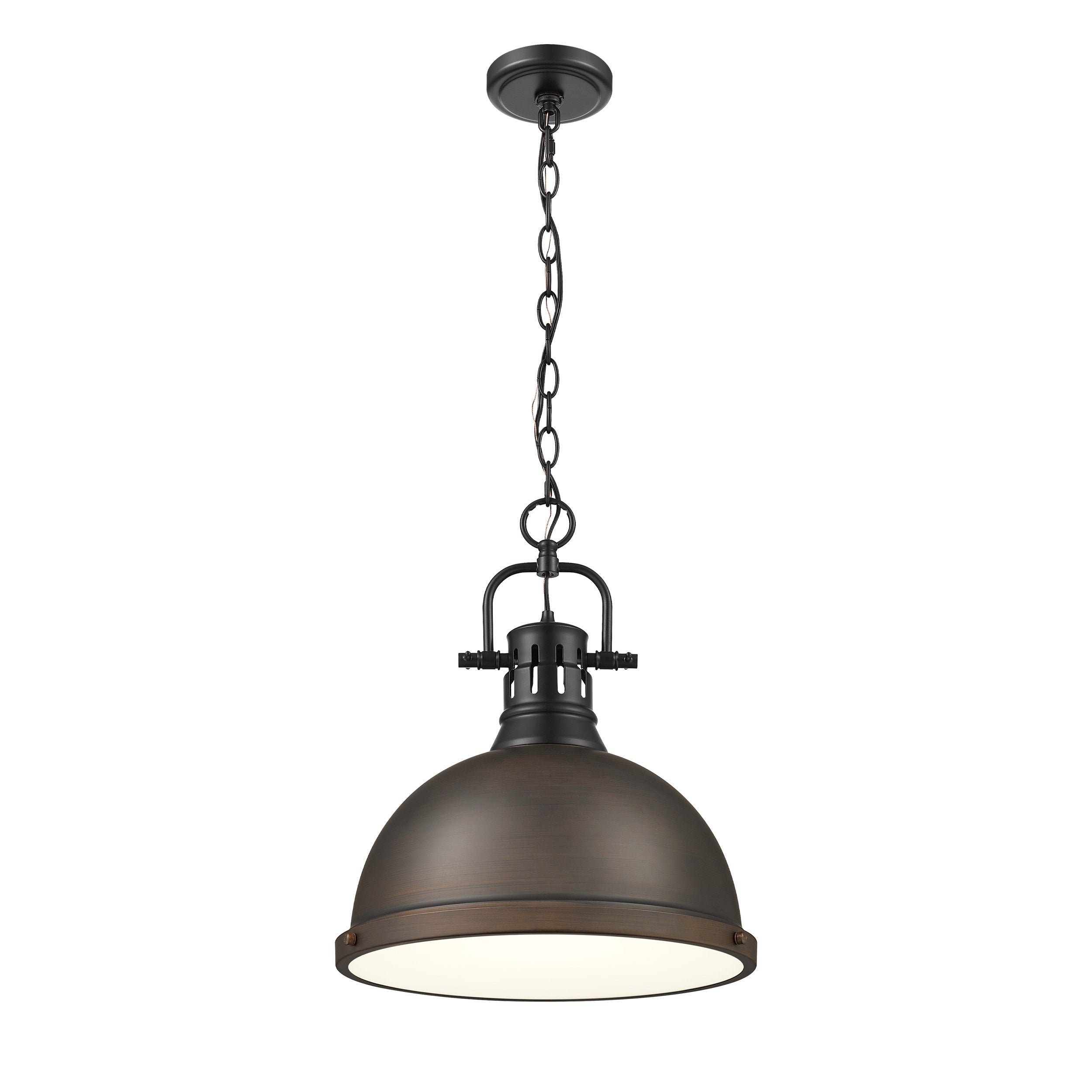 Yep by Golden Lighting Duncan 1-light 14in Chain Hung Pendant in Matte Black and Rubbed Bronze shade