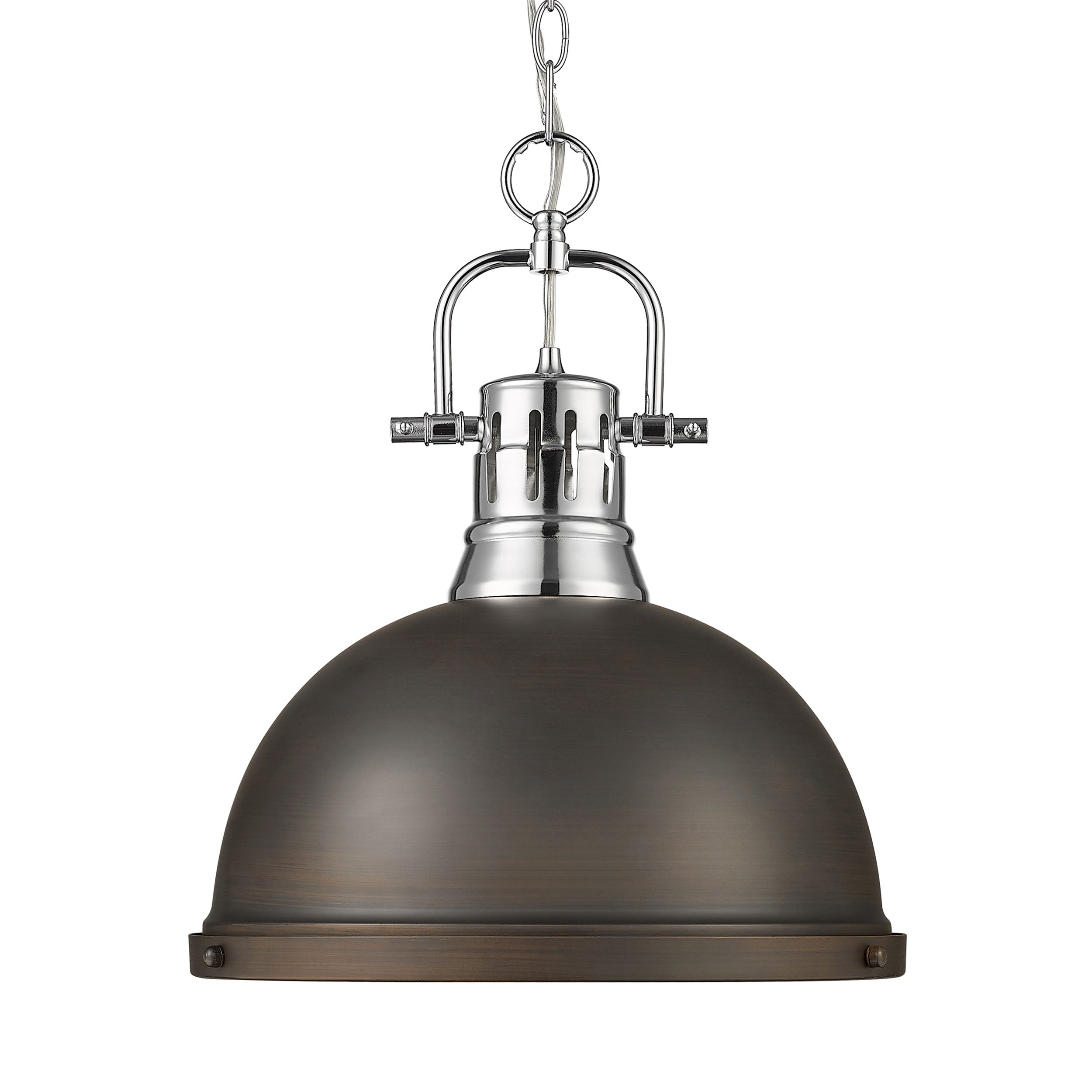 Yep by Golden Lighting Duncan 1-light 14in Chain Hung Pendant in Chrome and Rubbed Bronze shade