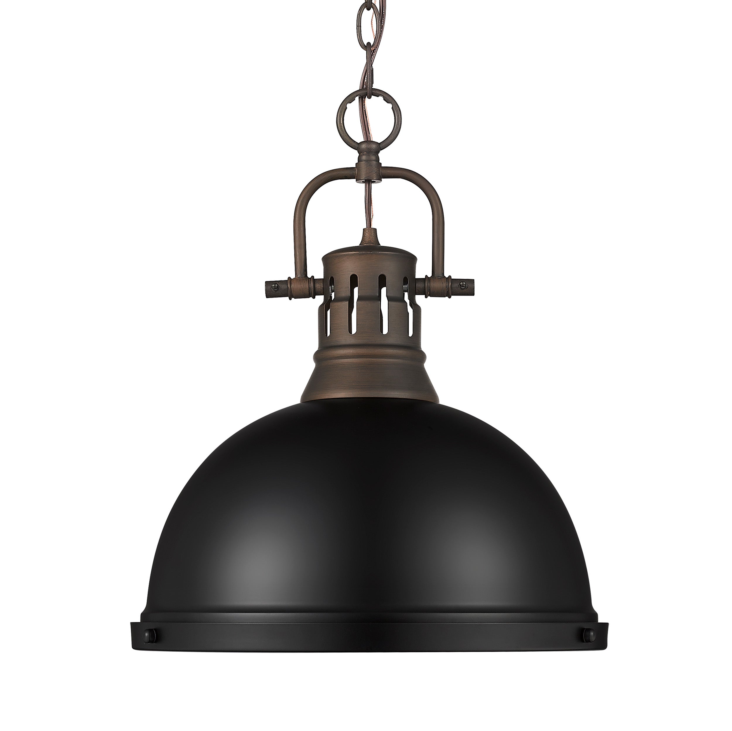 Yep by Golden Lighting Duncan 1-light 14in Chain Hung Pendant in Rubbed Bronze and Matte Black shade