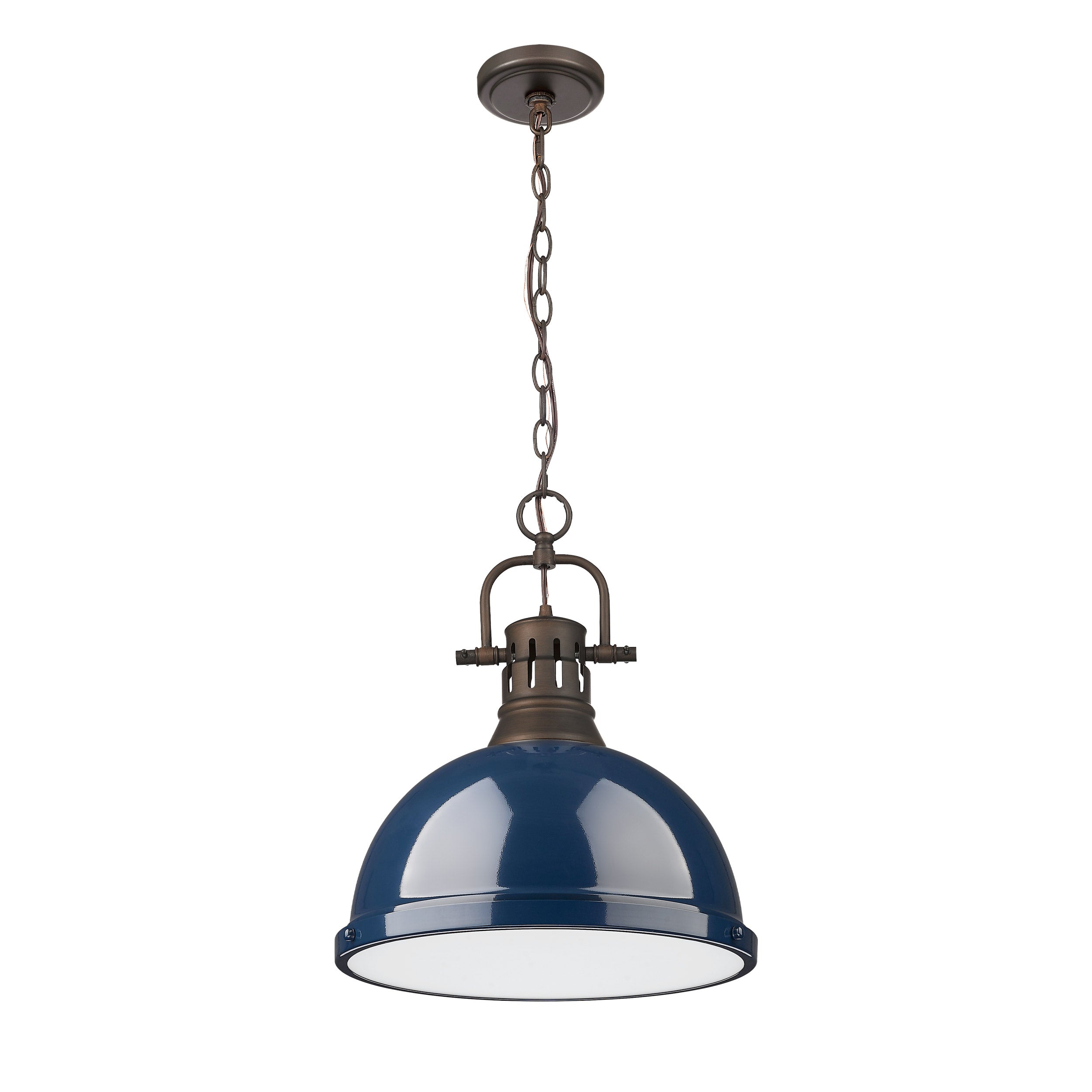 Yep by Golden Lighting Duncan 1-light 14in Chain Hung Pendant in Rubbed Bronze and Navy Blue shade