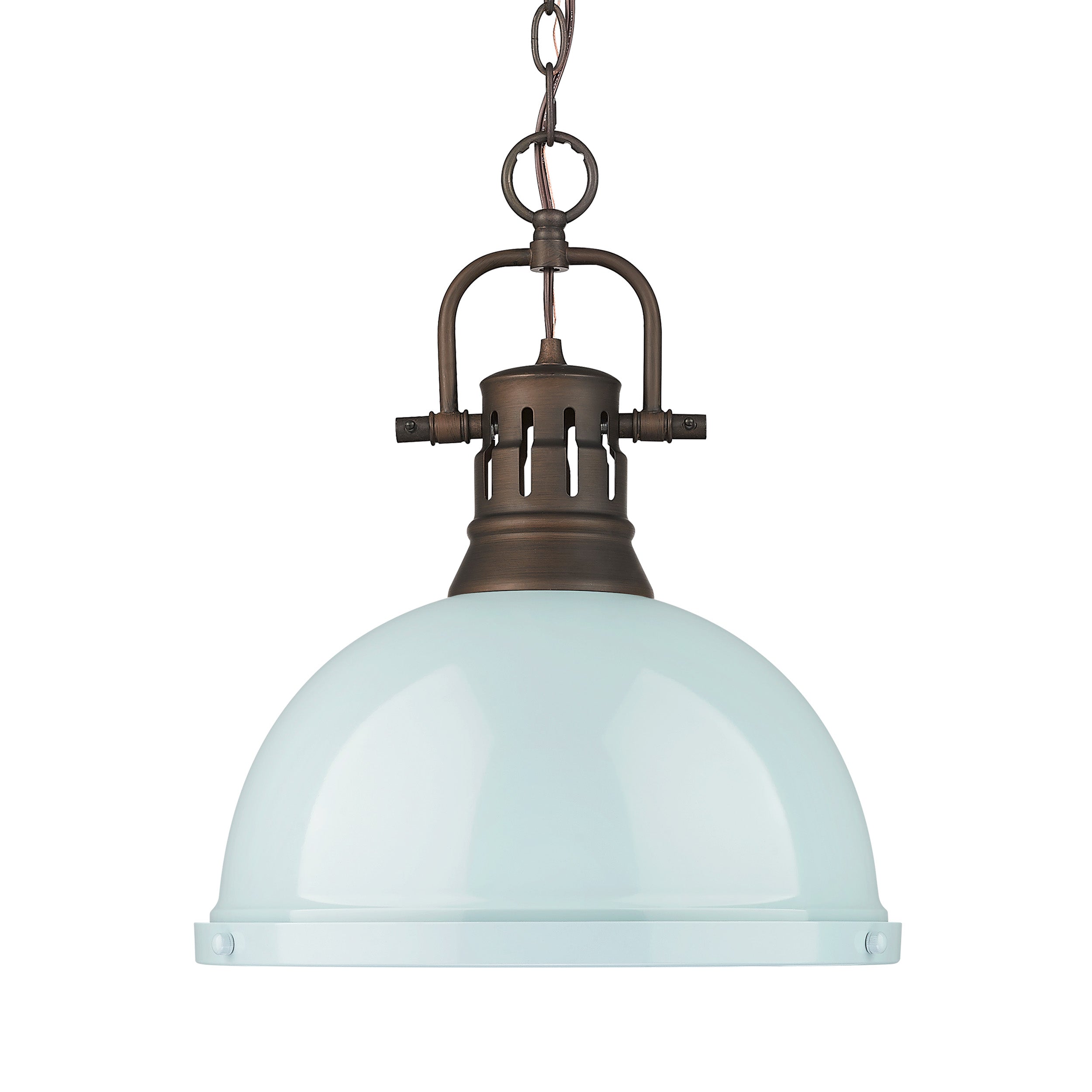 Yep by Golden Lighting Duncan 1-light 14in Chain Hung Pendant in Rubbed Bronze and Seafoam shade