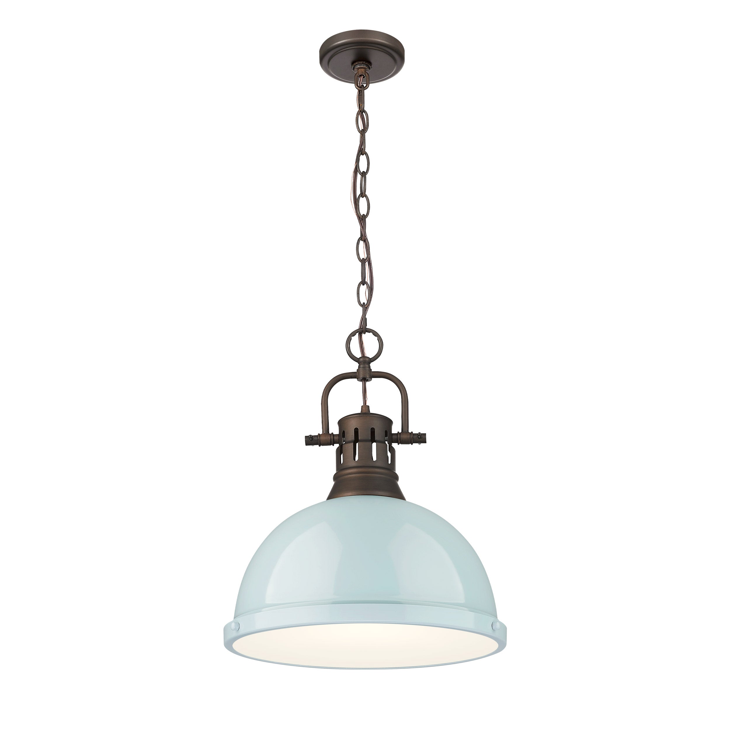 Yep by Golden Lighting Duncan 1-light 14in Chain Hung Pendant in Rubbed Bronze and Seafoam shade