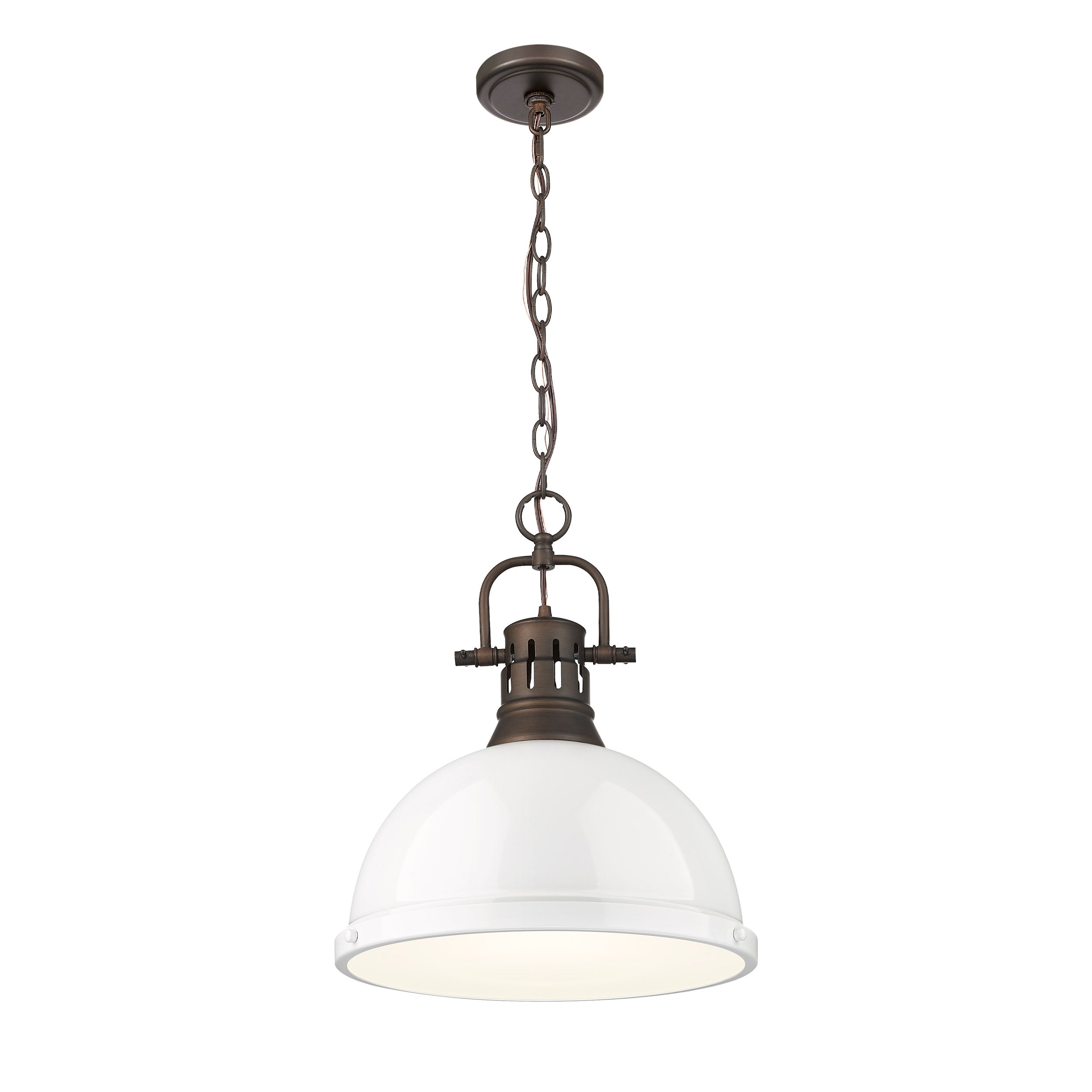 Yep by Golden Lighting Duncan 1-light 14in Chain Hung Pendant in Rubbed Bronze and White shade - - Golden Lighting
