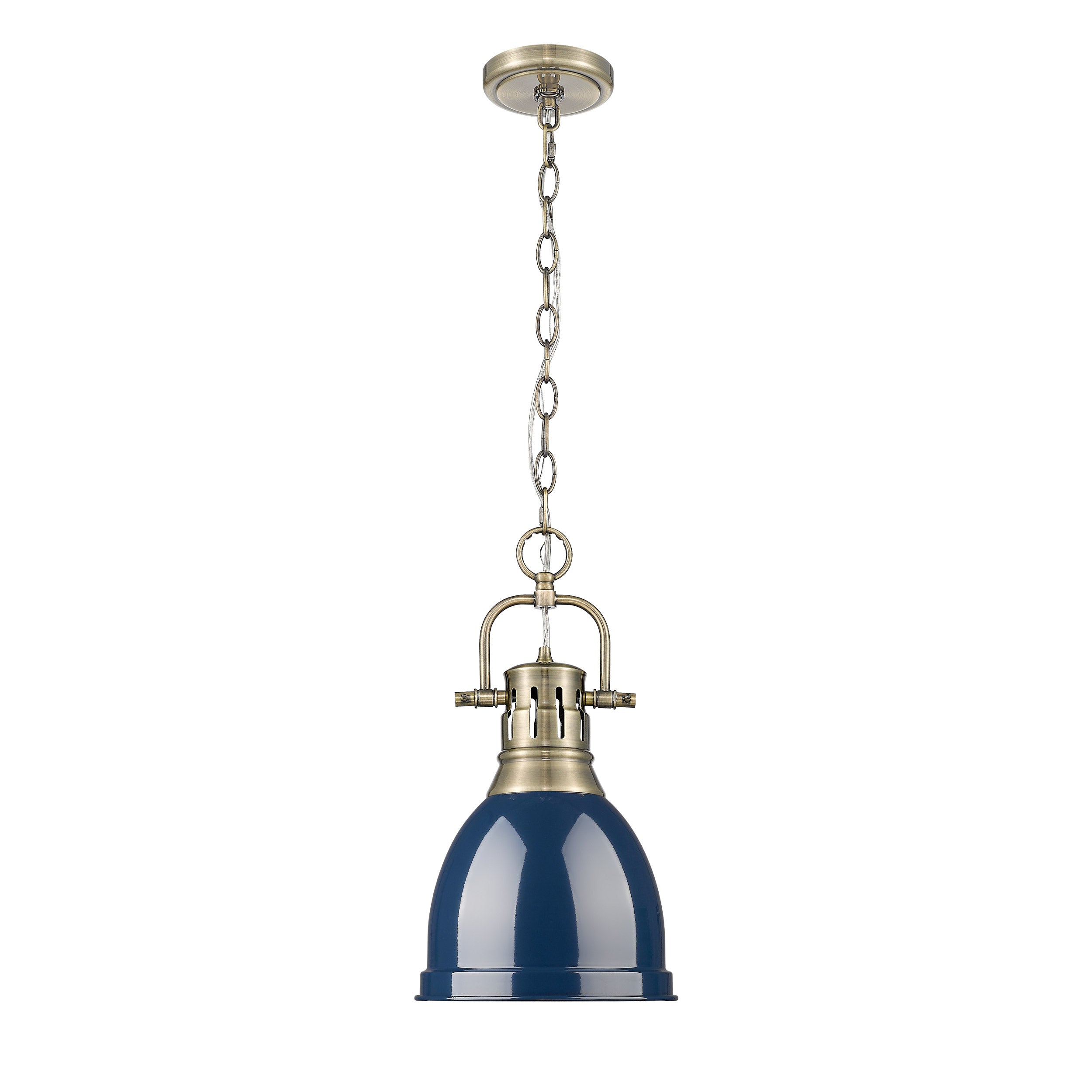 Yep by Golden Lighting Duncan 1-light 9in Chain Hung Pendant in Aged Brass and Navy Blue shade - - Golden Lighting