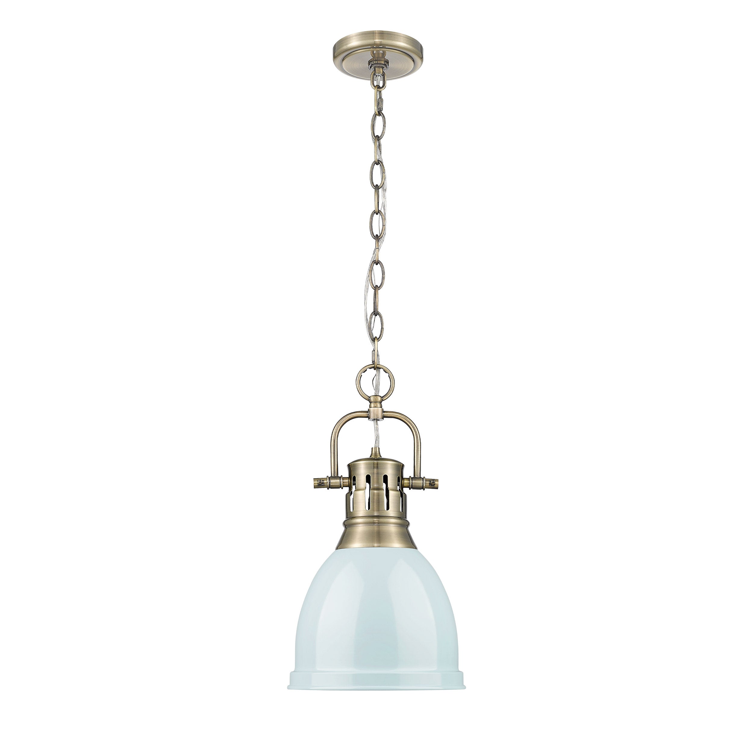 Yep by Golden Lighting Duncan 1-light 9in Chain Hung Pendant in Aged Brass and Seafoam shade - - Golden Lighting