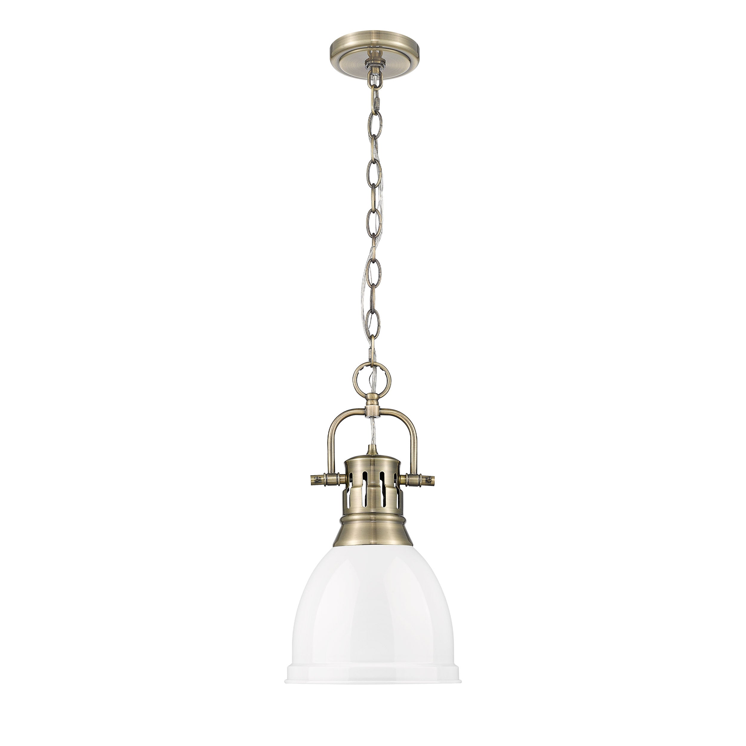 Yep by Golden Lighting Duncan 1-light 9in Chain Hung Pendant in Aged Brass and White shade - - Golden Lighting