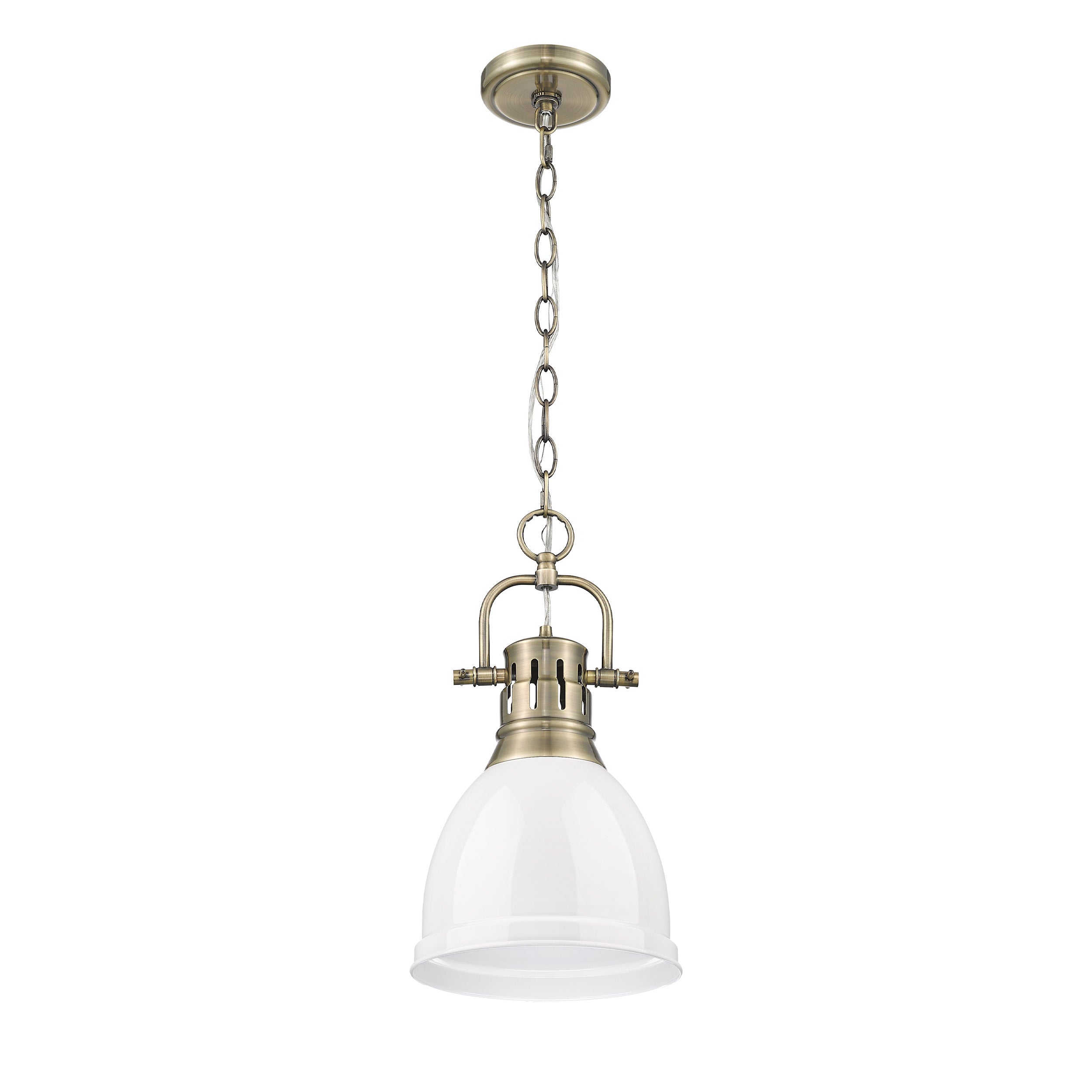 Yep by Golden Lighting Duncan 1-light 9in Chain Hung Pendant in Aged Brass and White shade - - Golden Lighting