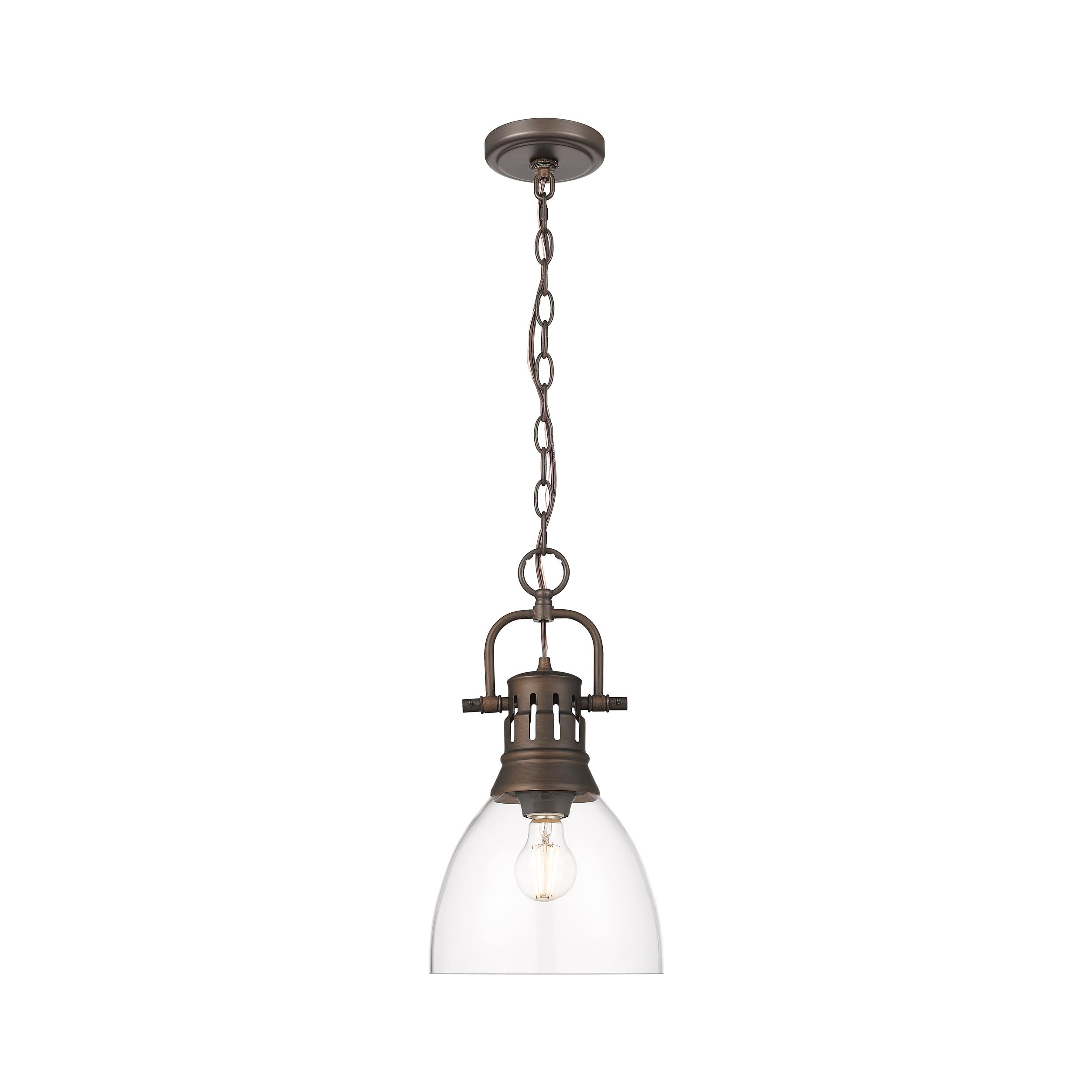 Yep by Golden Lighting Duncan 1-light 9in chain hung Pendant in Rubbed Bronze and Clear Glass - - Golden Lighting
