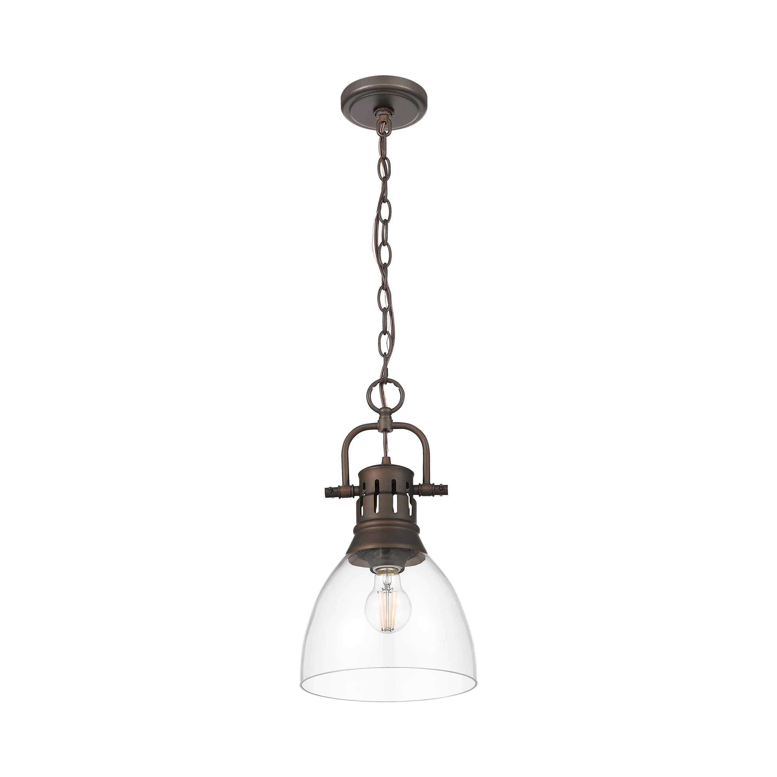 Yep by Golden Lighting Duncan 1-light 9in chain hung Pendant in Rubbed Bronze and Clear Glass - - Golden Lighting