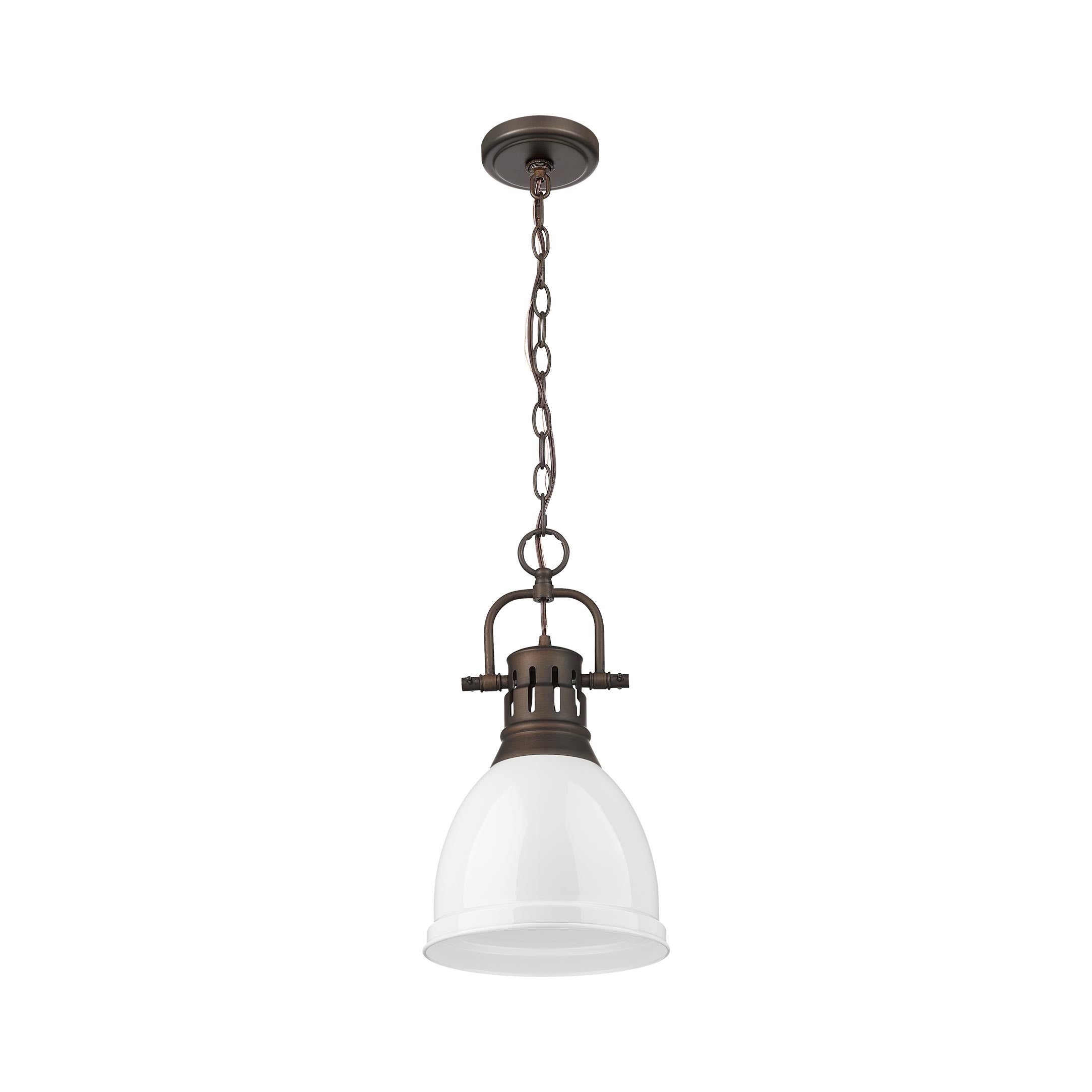 Yep by Golden Lighting Duncan 1-light 9in Chain Hung Pendant in Rubbed Bronze and White shade - - Golden Lighting