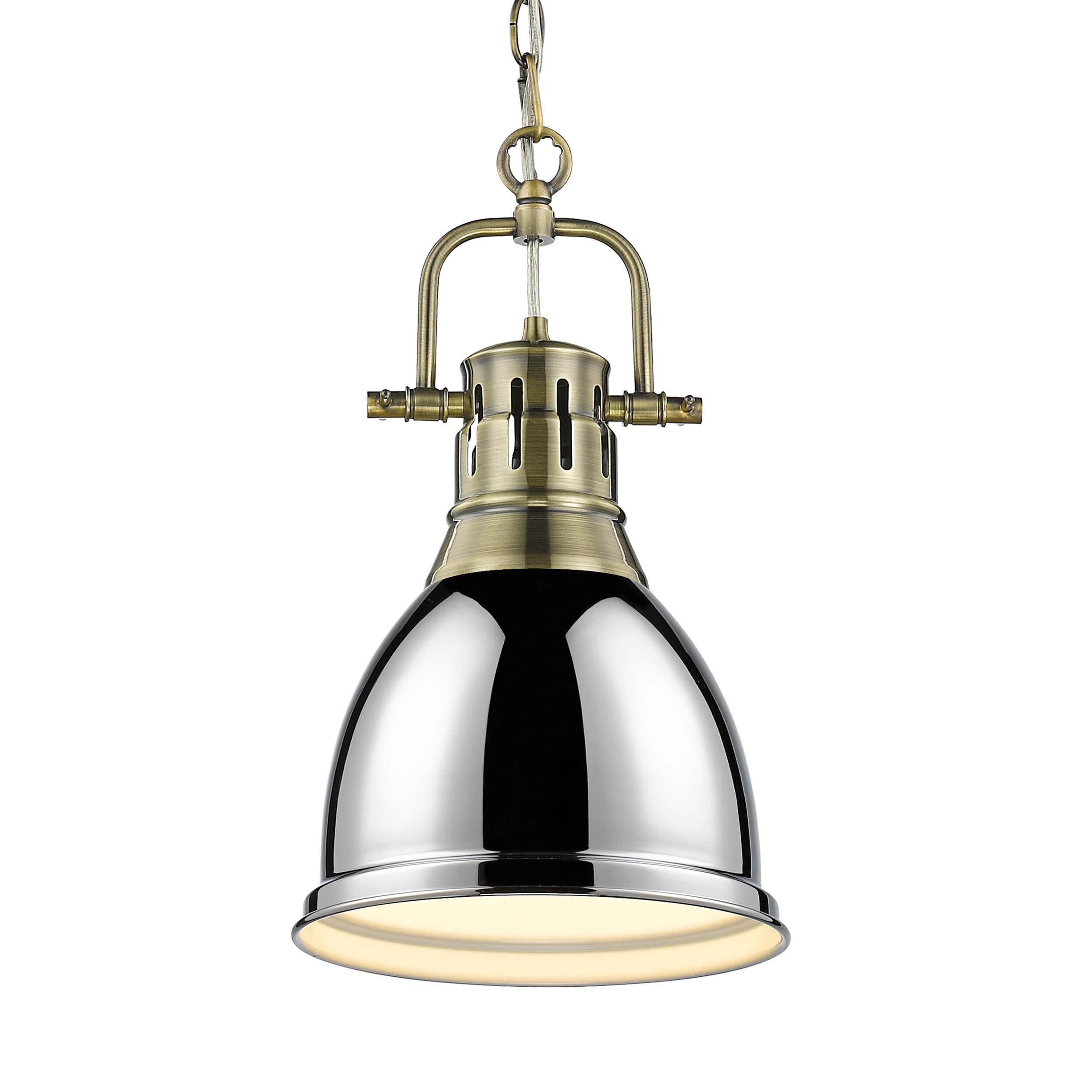 Yep by Golden Lighting Duncan 1-light 9in Chain Hung Pendant in Aged Brass and Chrome shade