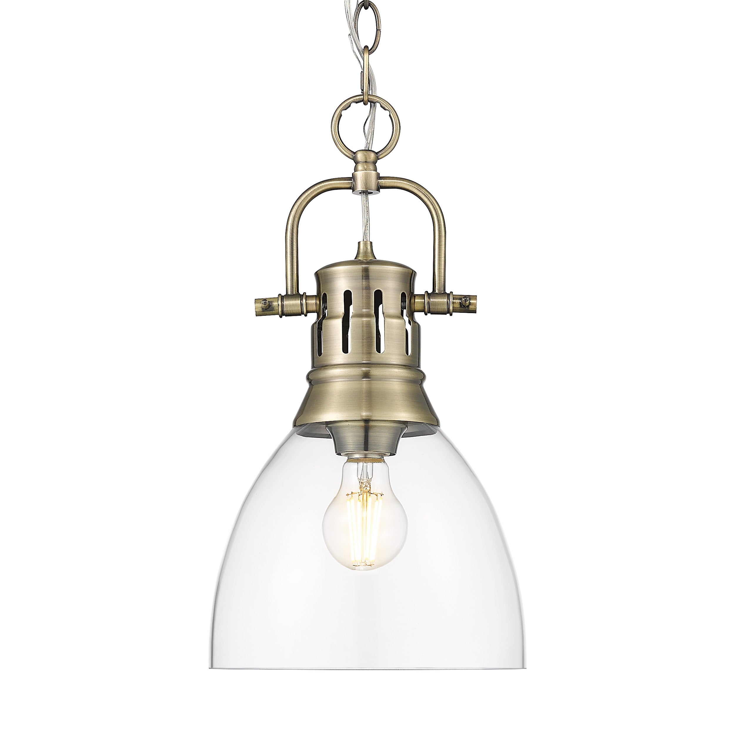 Yep by Golden Lighting Duncan 1-light 9in chain hung Pendant in Aged Brass and Clear Glass