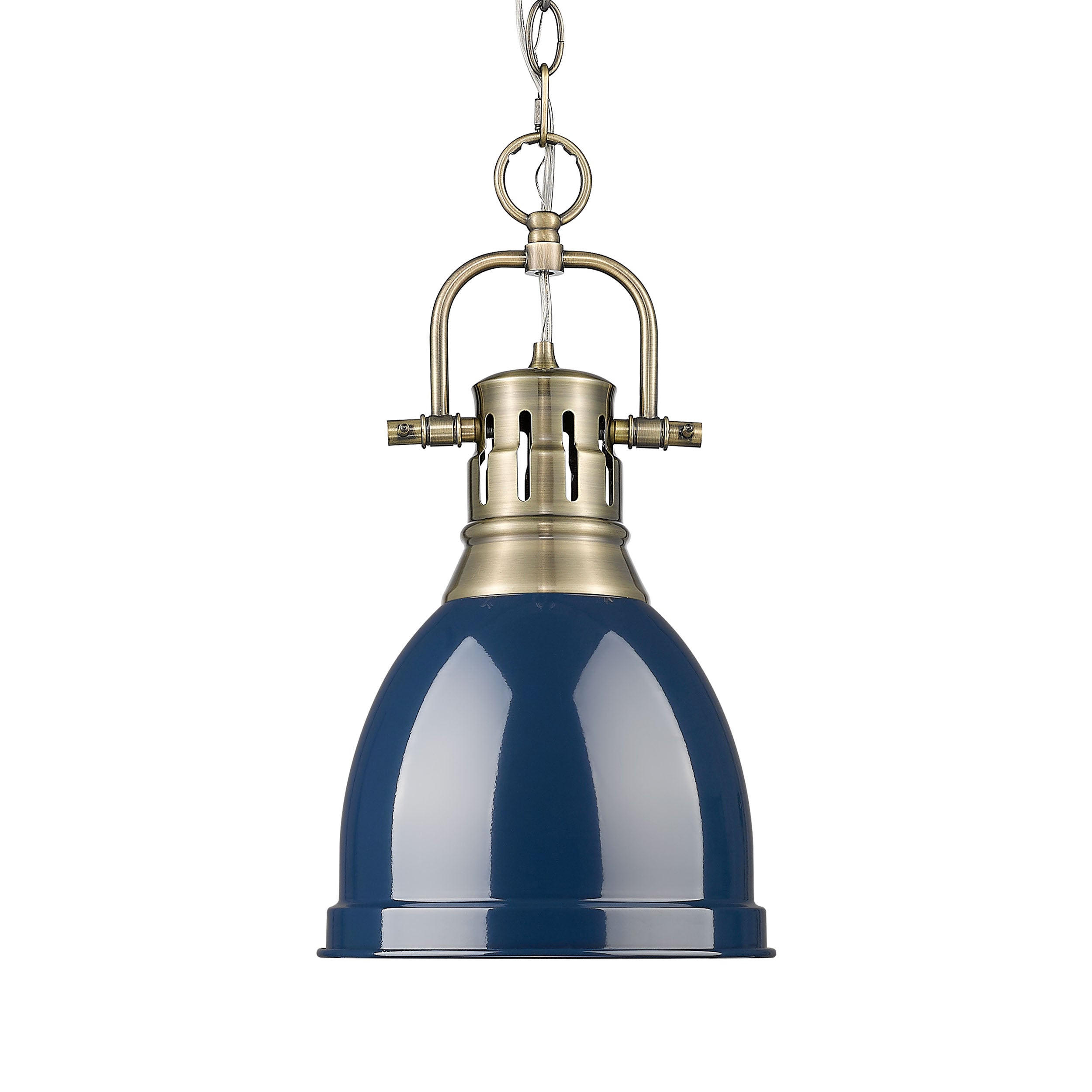Yep by Golden Lighting Duncan 1-light 9in Chain Hung Pendant in Aged Brass and Navy Blue shade