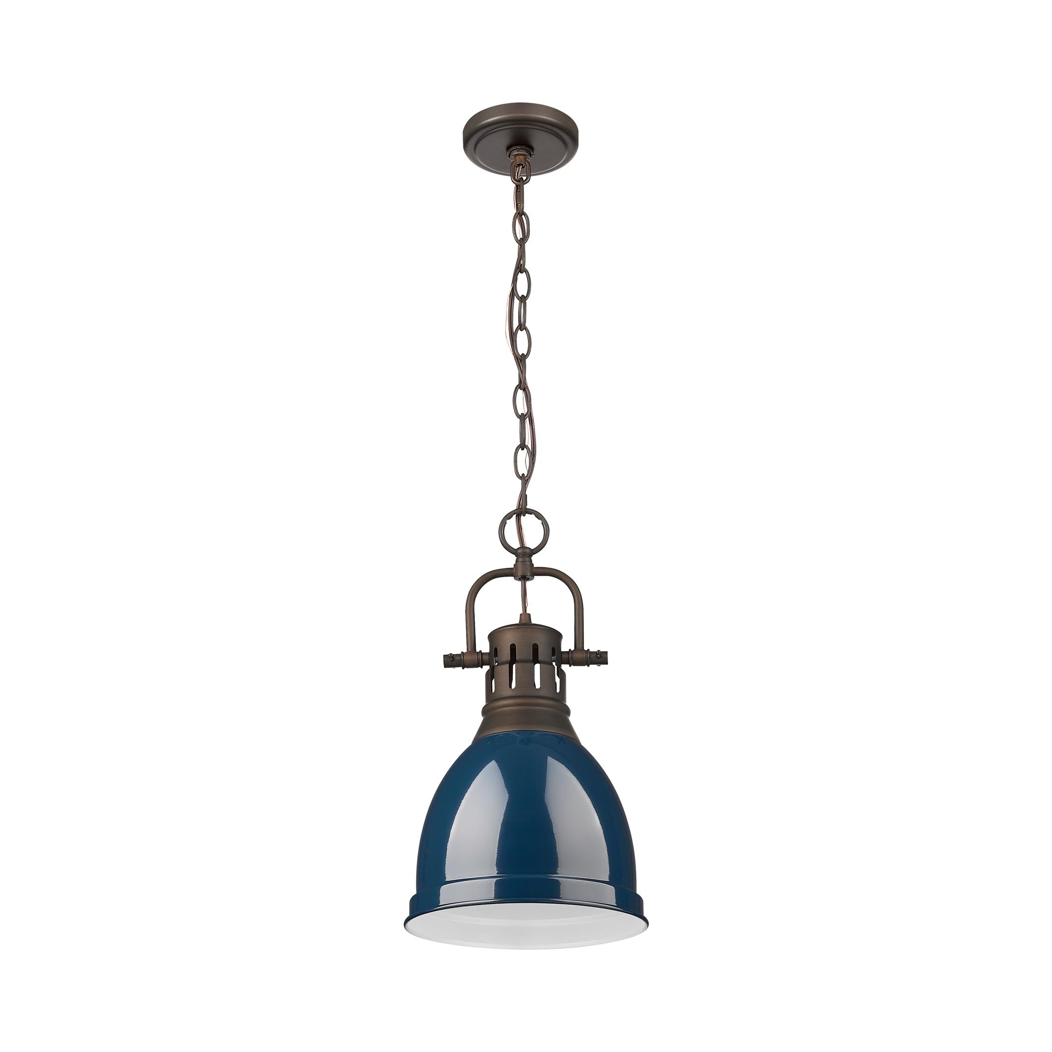 Yep by Golden Lighting Duncan 1-light 9in Chain Hung Pendant in Rubbed Bronze and Navy Blue shade