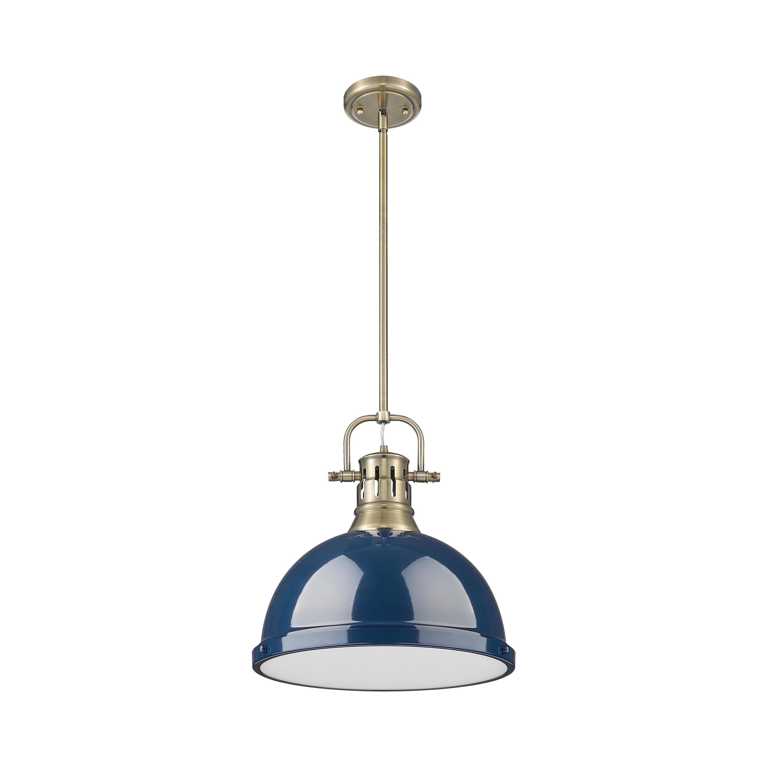 Yep by Golden Lighting Duncan 1-light 14in Rod Hung Pendant in Aged Brass and Navy Blue shade - - Golden Lighting
