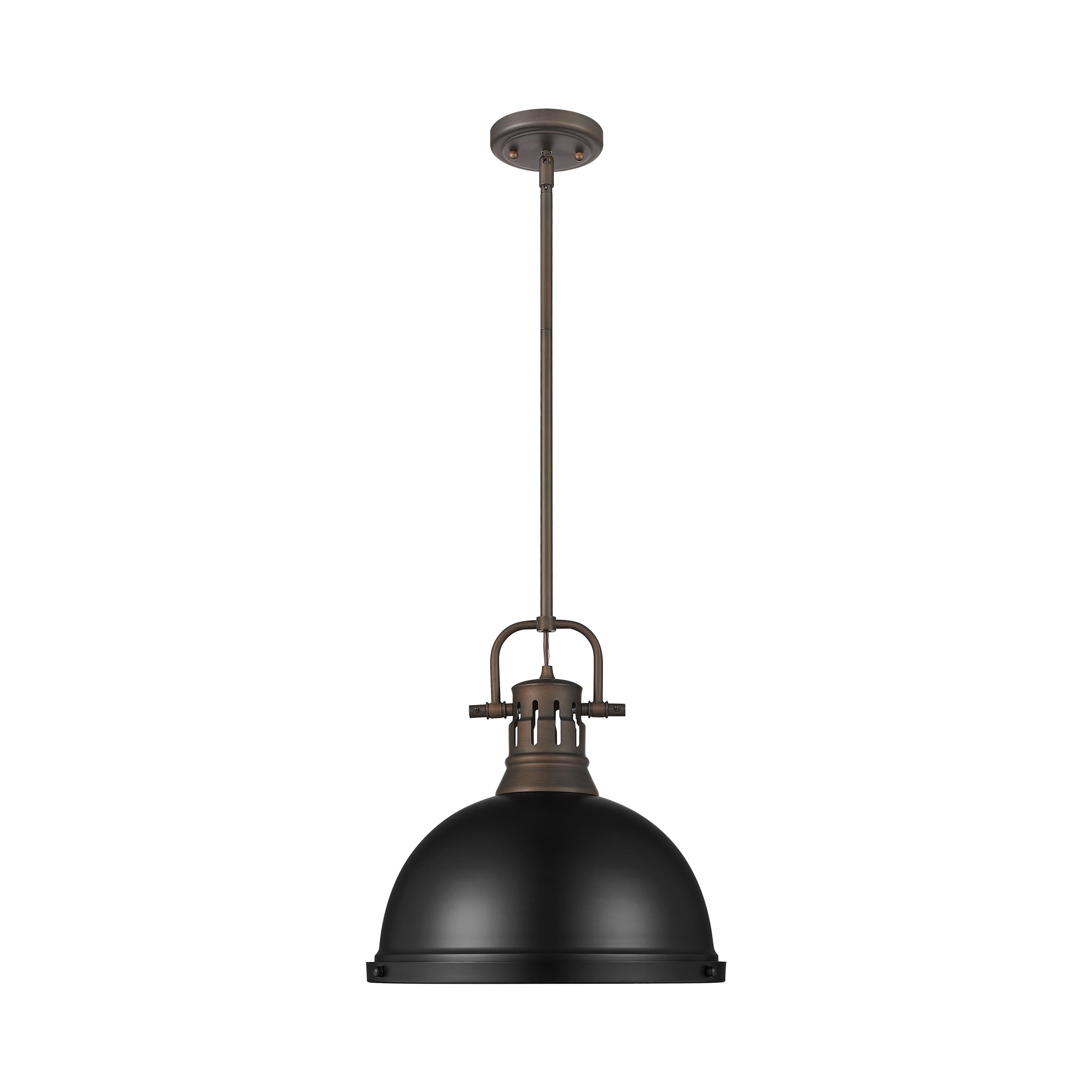 Yep by Golden Lighting Duncan 1-light 14in Rod Hung Pendant in Rubbed Bronze and Matte Black shade - - Golden Lighting