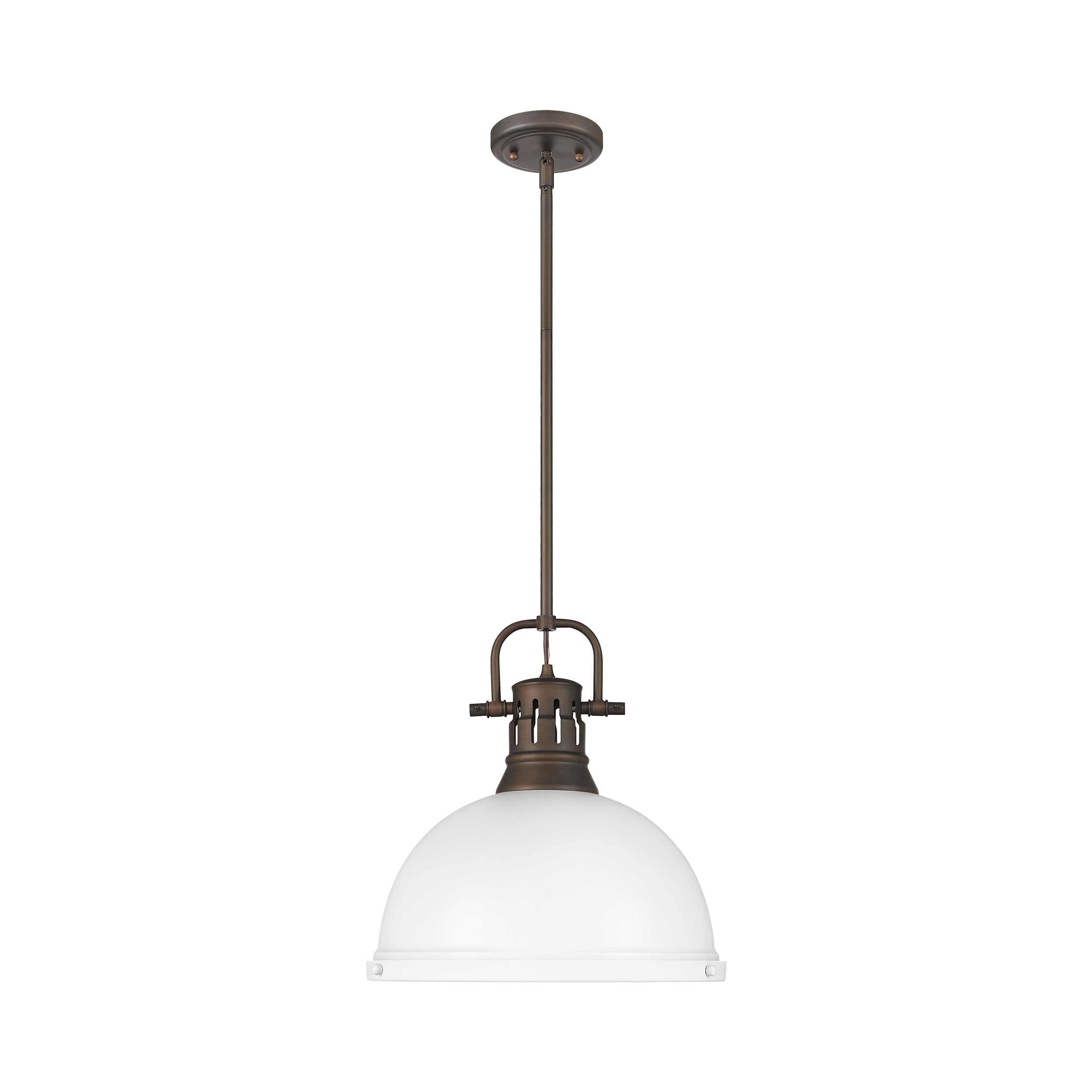 Yep by Golden Lighting Duncan 1-light 14in Rod Hung Pendant in Rubbed Bronze and Matte White shade - - Golden Lighting