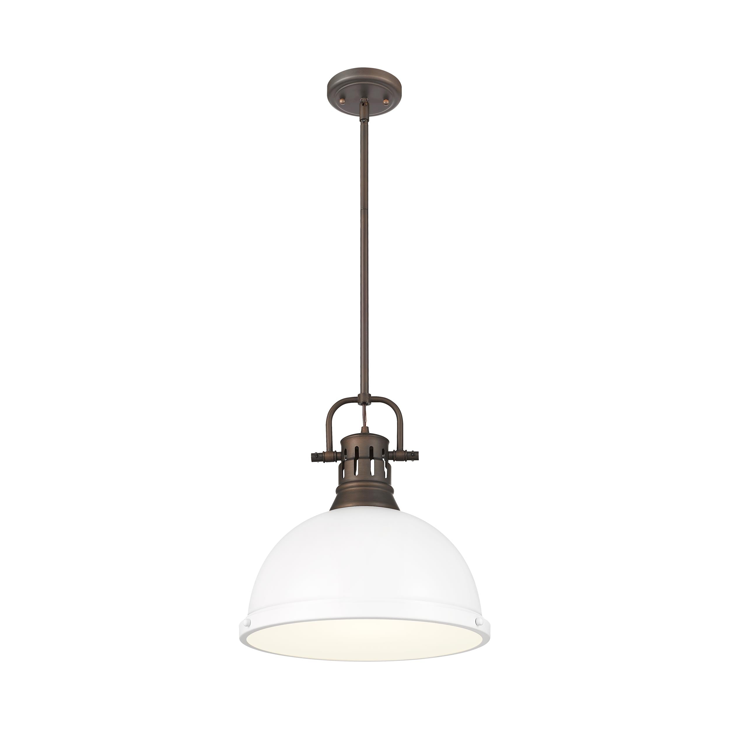 Yep by Golden Lighting Duncan 1-light 14in Rod Hung Pendant in Rubbed Bronze and Matte White shade - - Golden Lighting