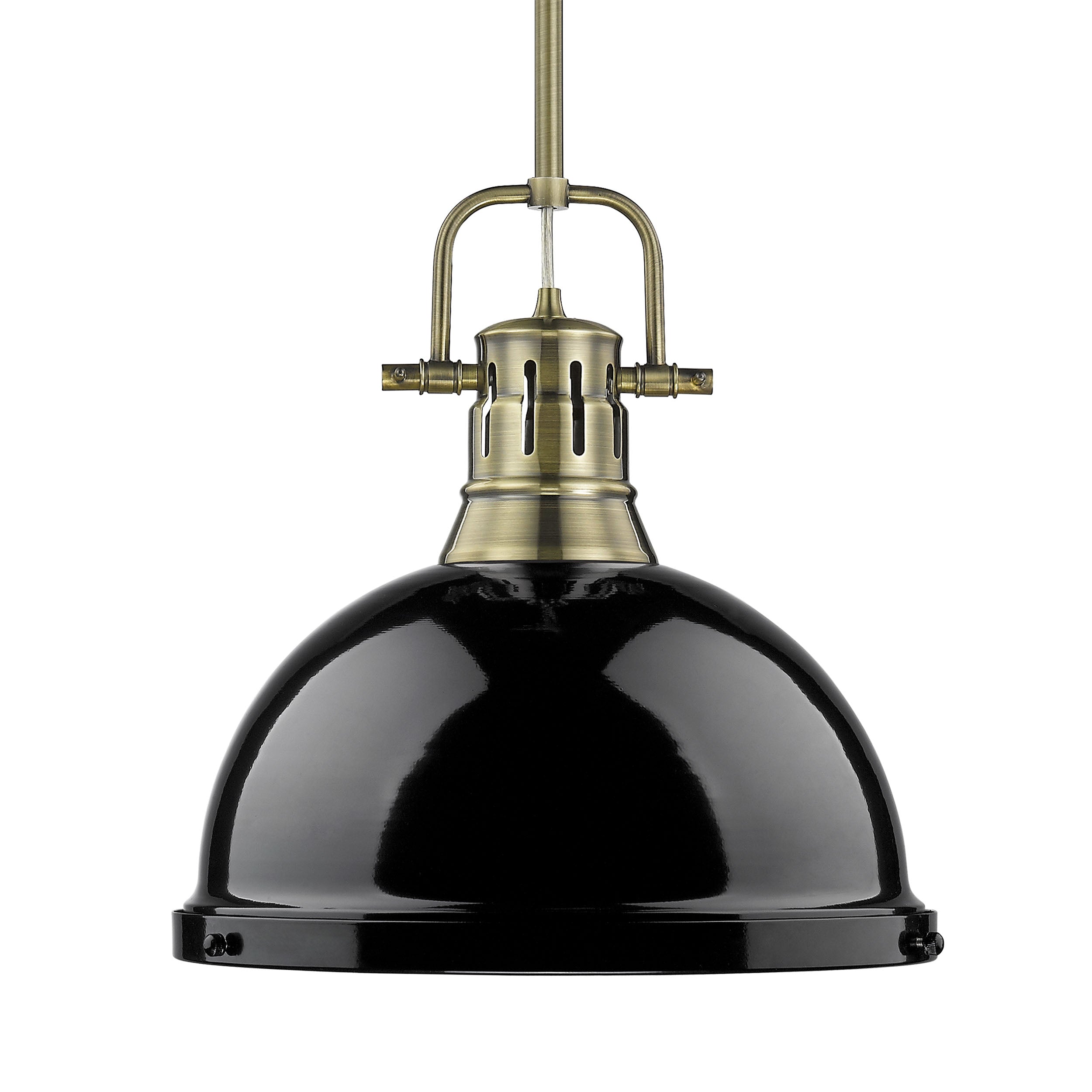 Yep by Golden Lighting Duncan 1-light 14in Rod Hung Pendant in Aged Brass and Black shade