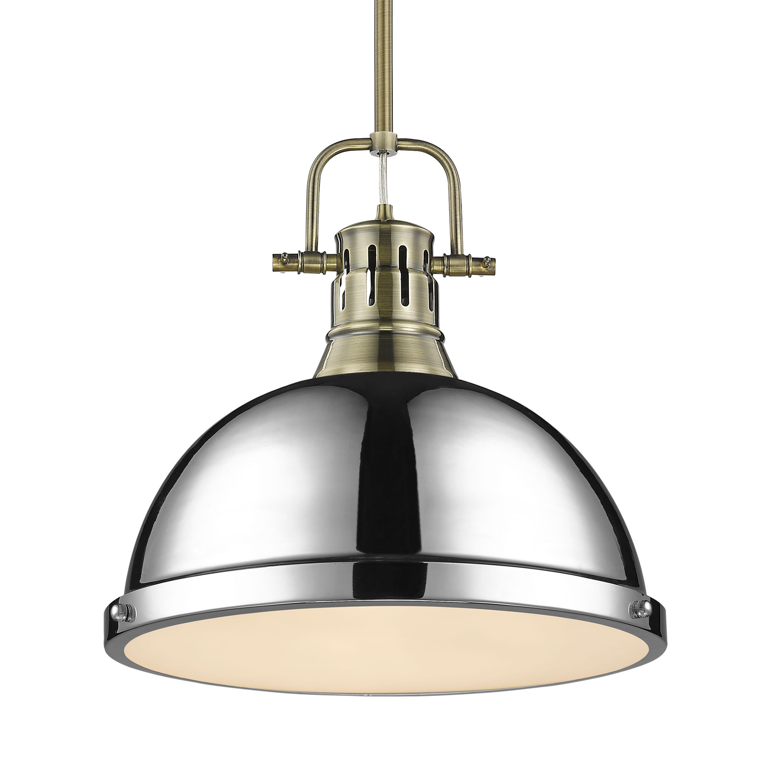 Yep by Golden Lighting Duncan 1-light 14in Rod Hung Pendant in Aged Brass and Chrome shade