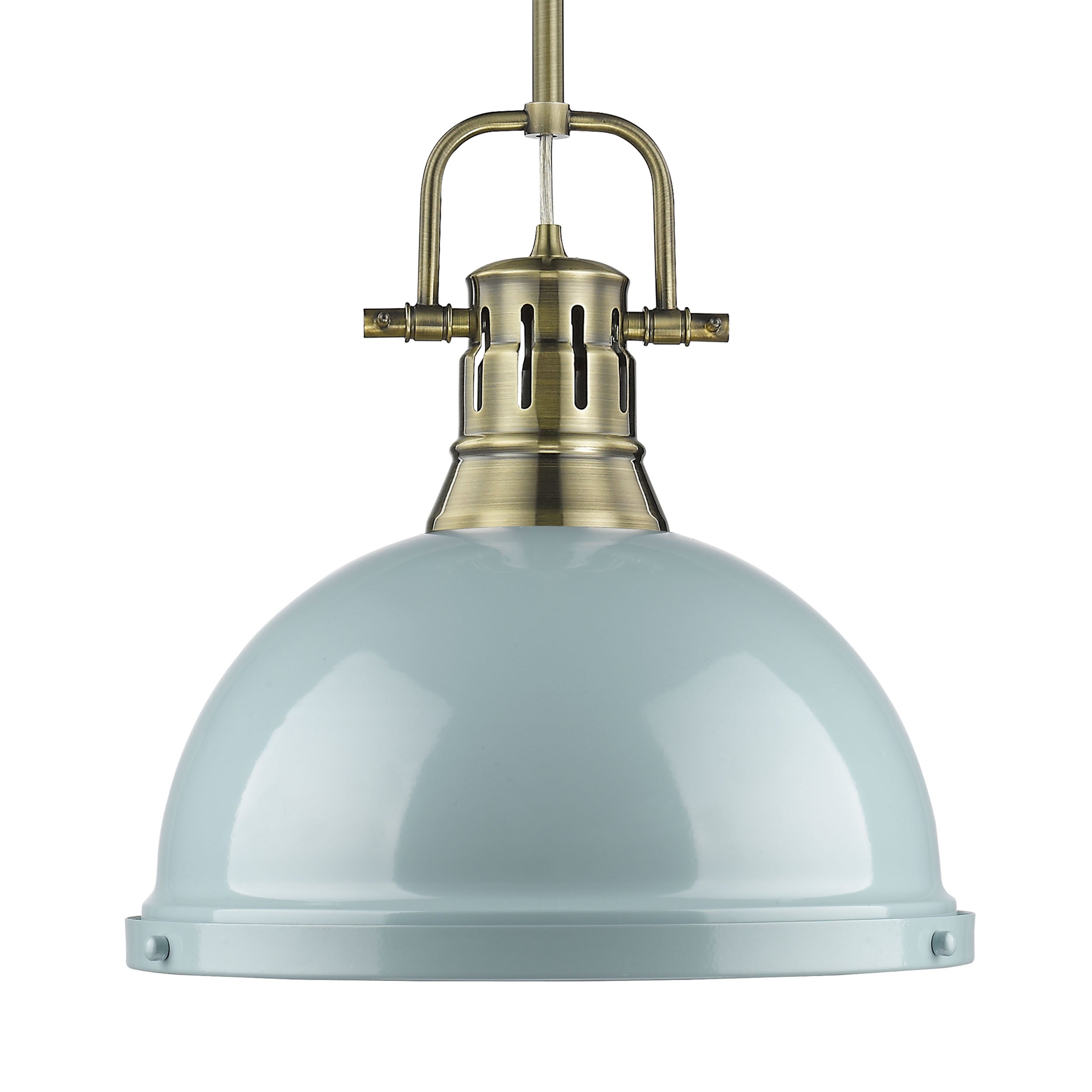 Yep by Golden Lighting Duncan 1-light 14in Rod Hung Pendant in Aged Brass and Seafoam shade