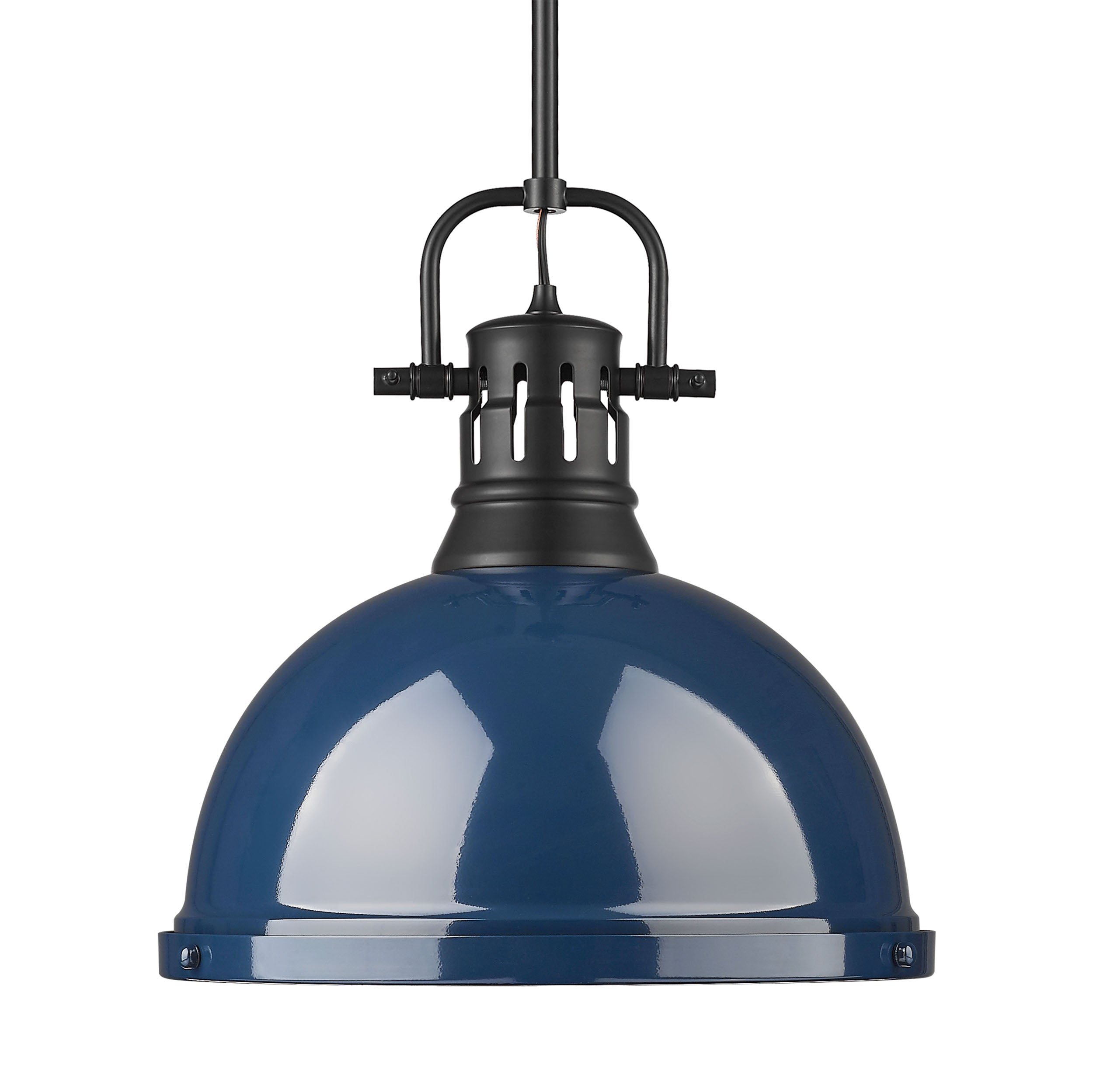 Yep by Golden Lighting Duncan 1-light 14in Rod Hung Pendant in Matte Black and Navy Blue shade