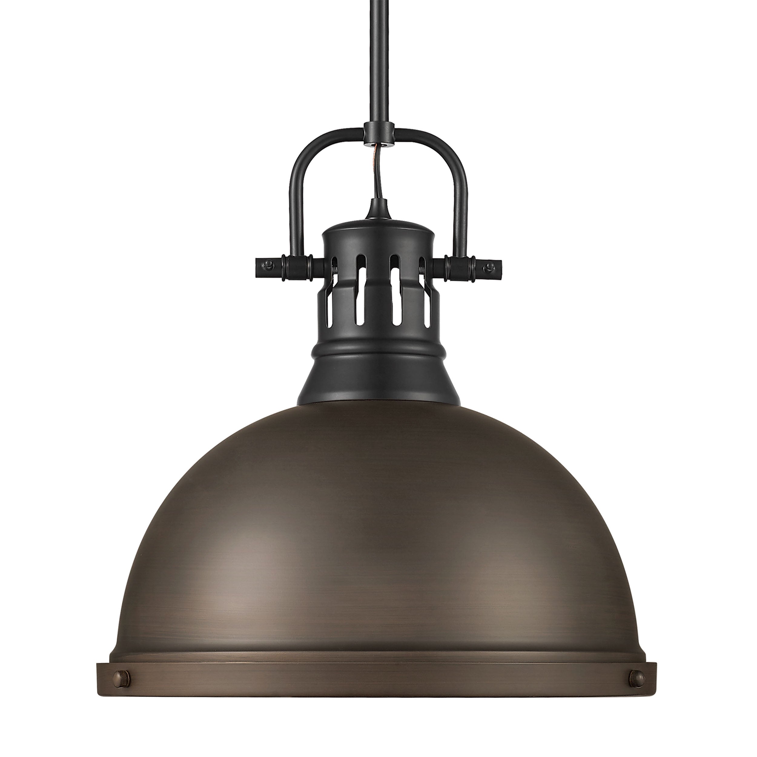 Yep by Golden Lighting Duncan 1-light 14in Rod Hung Pendant in Matte Black and Rubbed Bronze shade