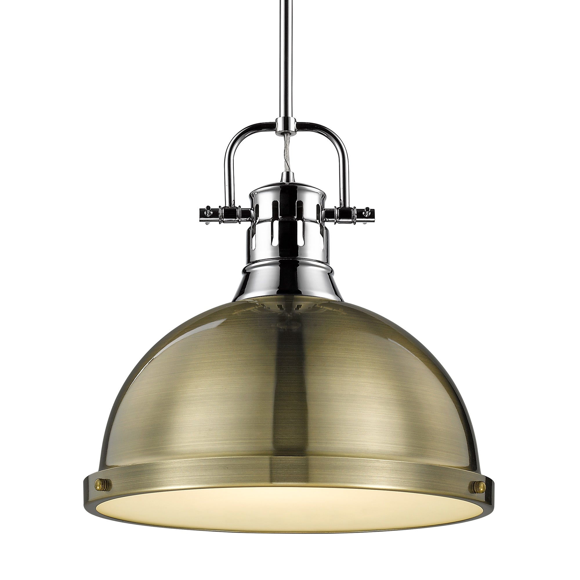 Yep by Golden Lighting Duncan 1-light 14in Rod Hung Pendant in Chrome and Aged Brass shade
