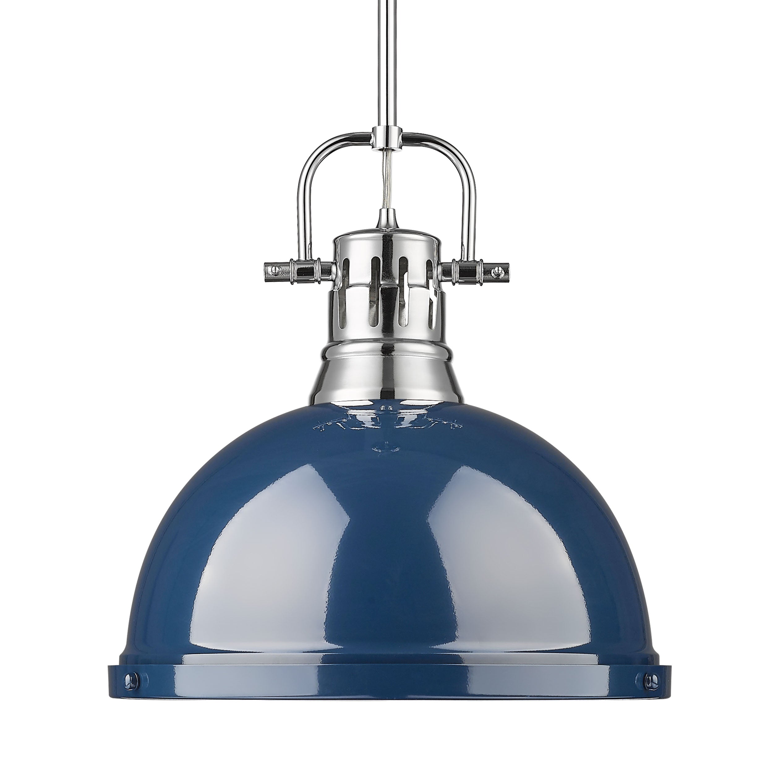 Yep by Golden Lighting Duncan 1-light 14in Rod Hung Pendant in Chrome and Navy Blue shade