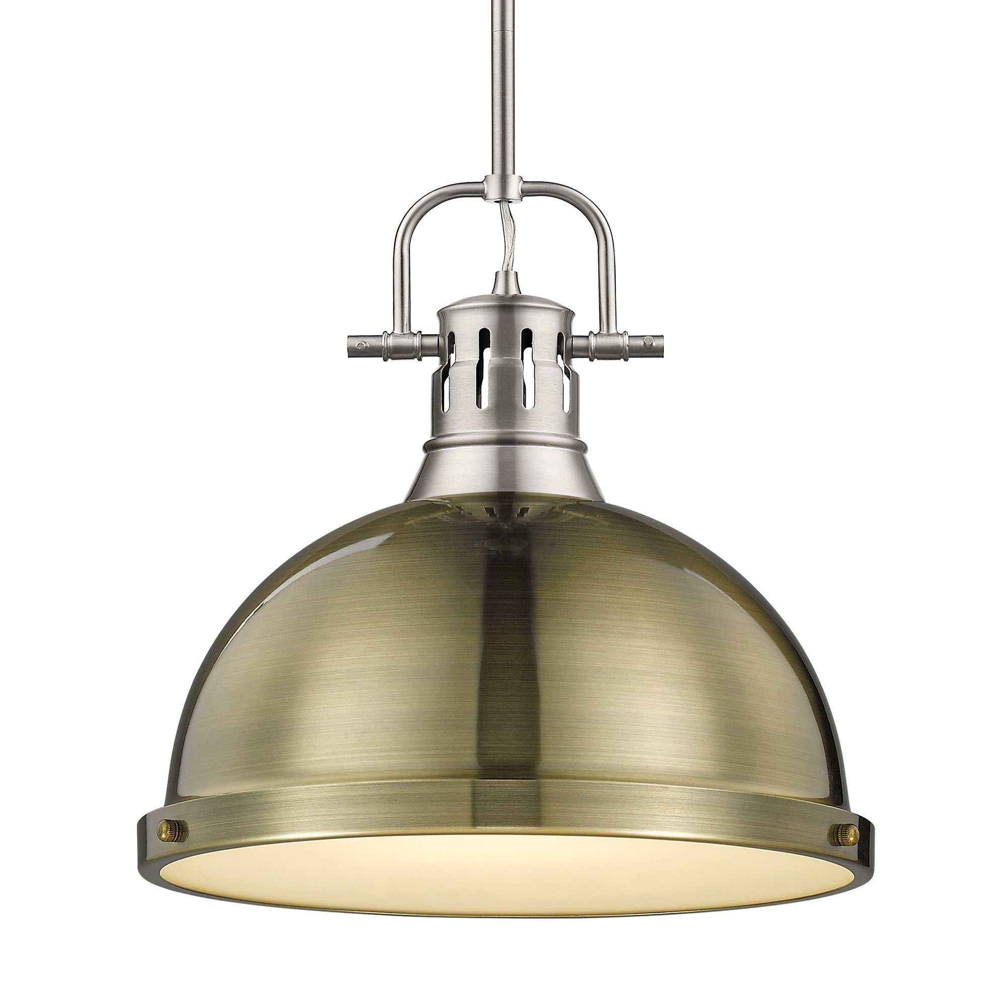 Yep by Golden Lighting Duncan 1-light 14in Rod Hung Pendant in Pewter and Aged Brass shade