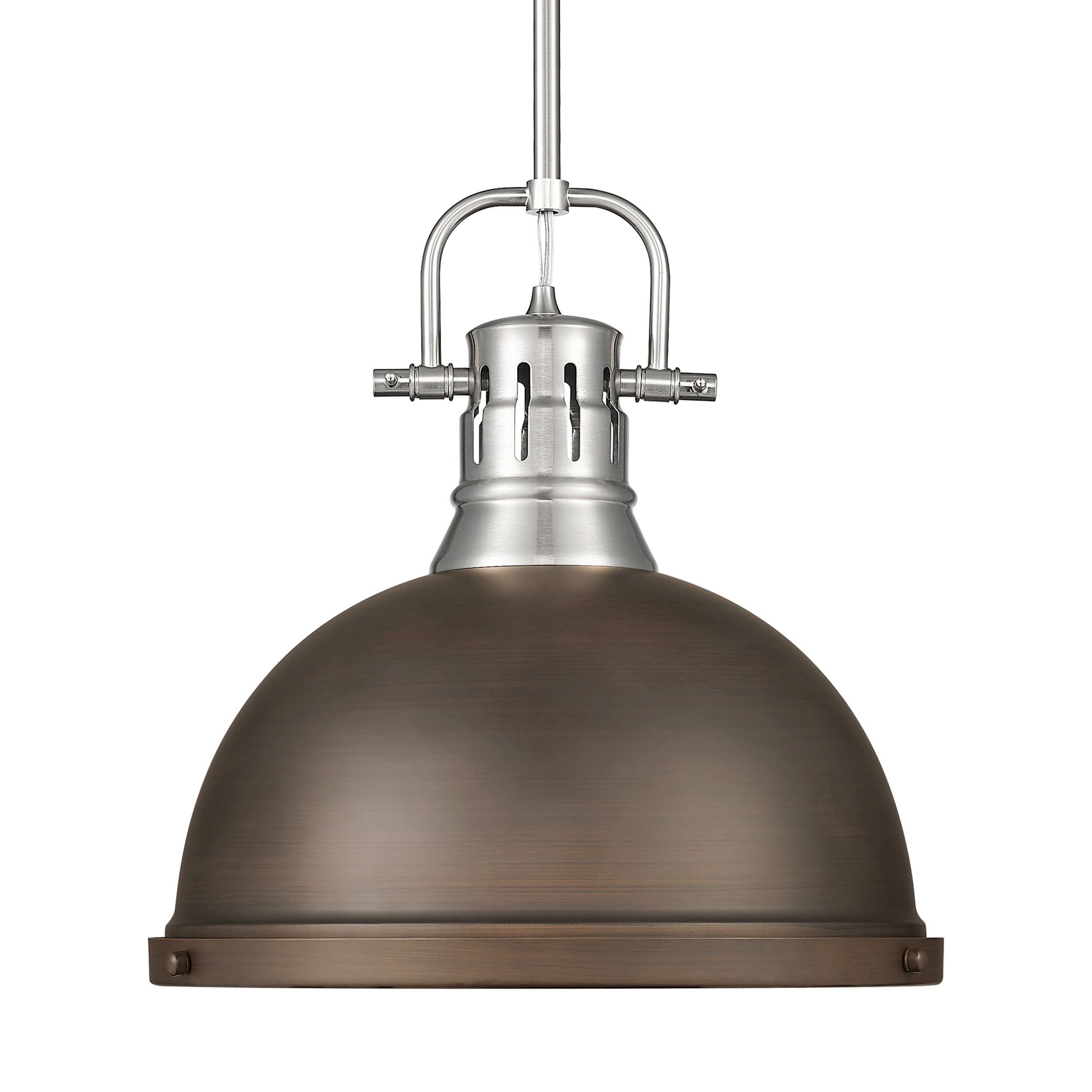Yep by Golden Lighting Duncan 1-light 14in Rod Hung Pendant in Pewter and Rubbed Bronze shade