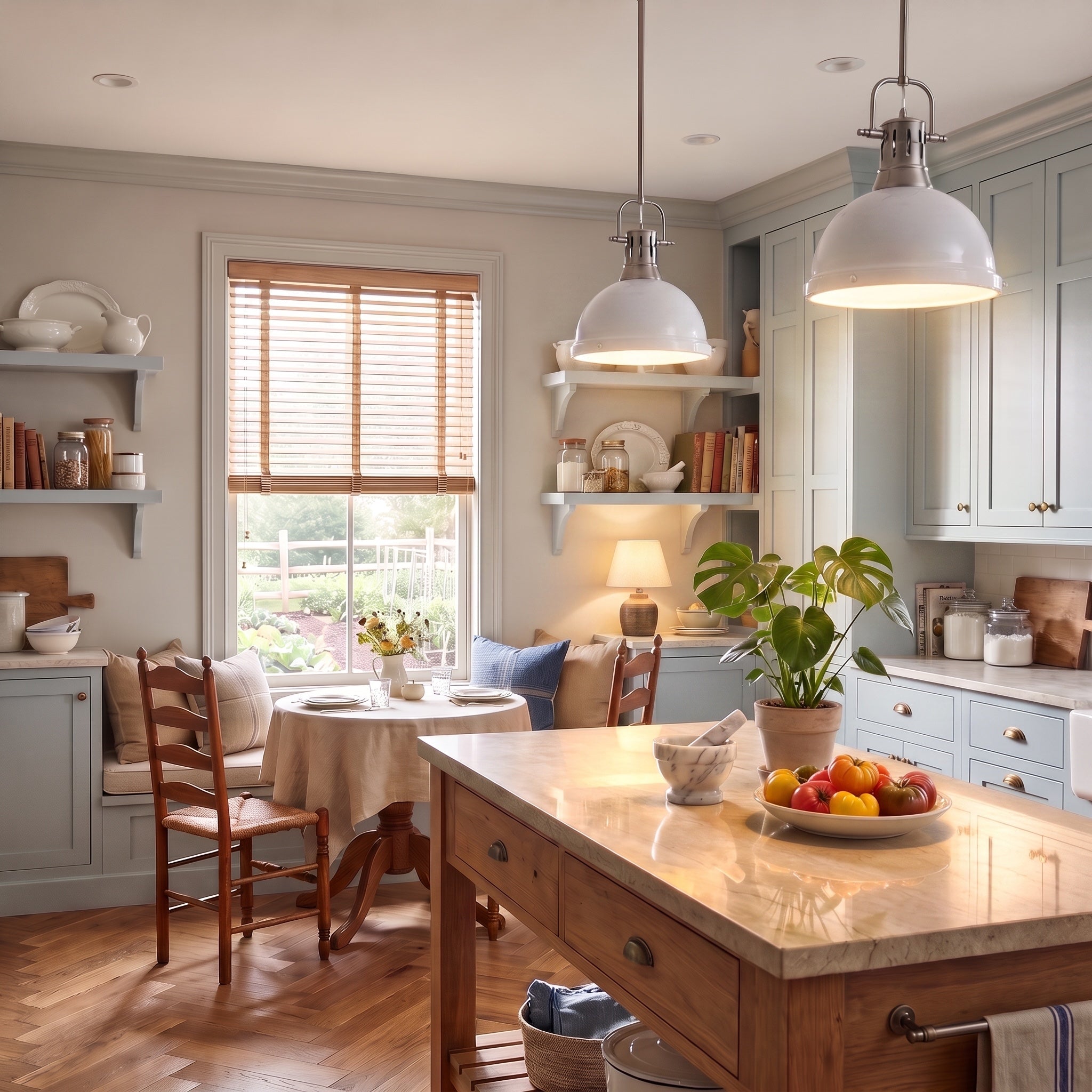 Duncan 1-light Pendant in Pewter, AI-visualized kitchen scene - Golden Lighting
