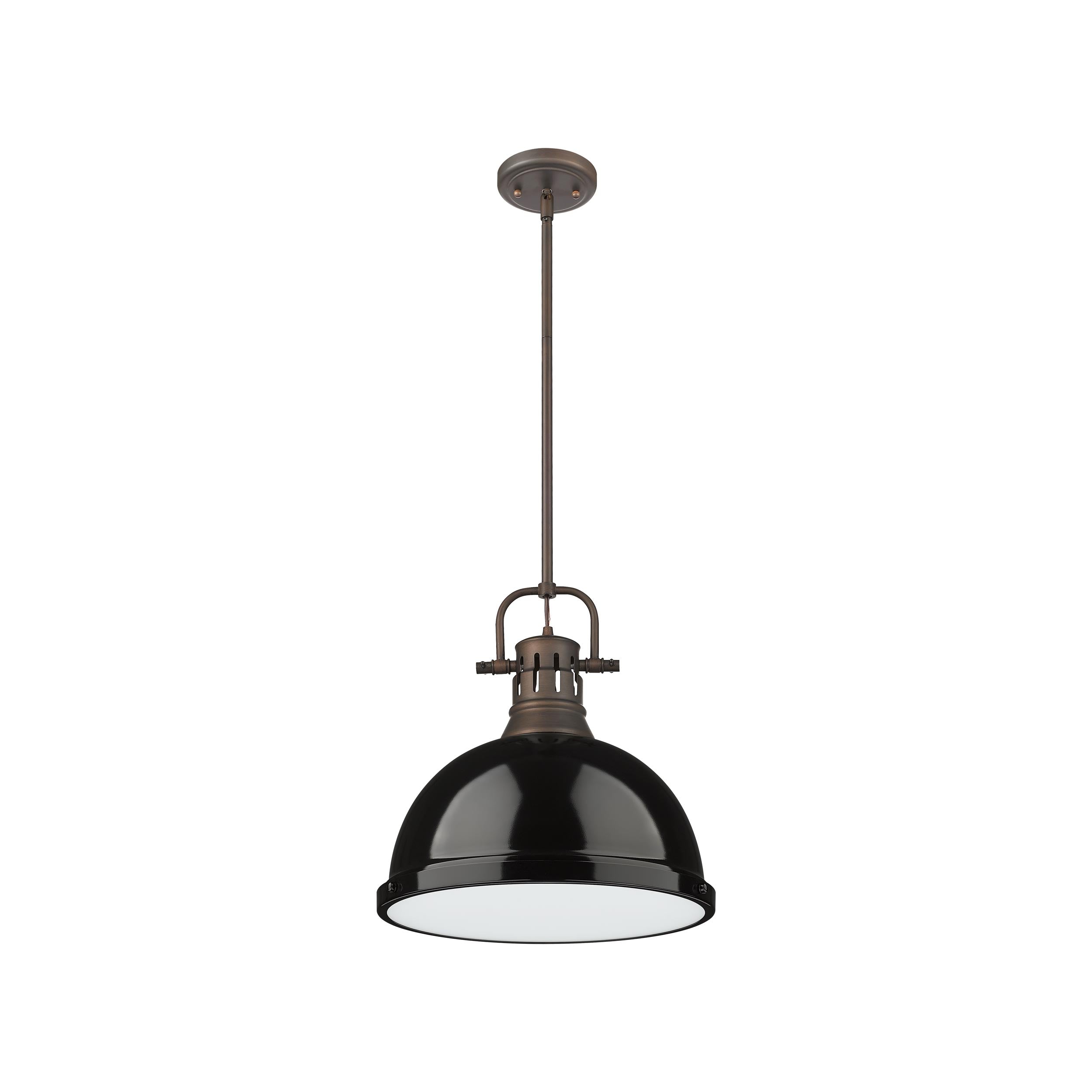 Yep by Golden Lighting Duncan 1-light 14in Rod Hung Pendant in Rubbed Bronze and Black shade - - Golden Lighting