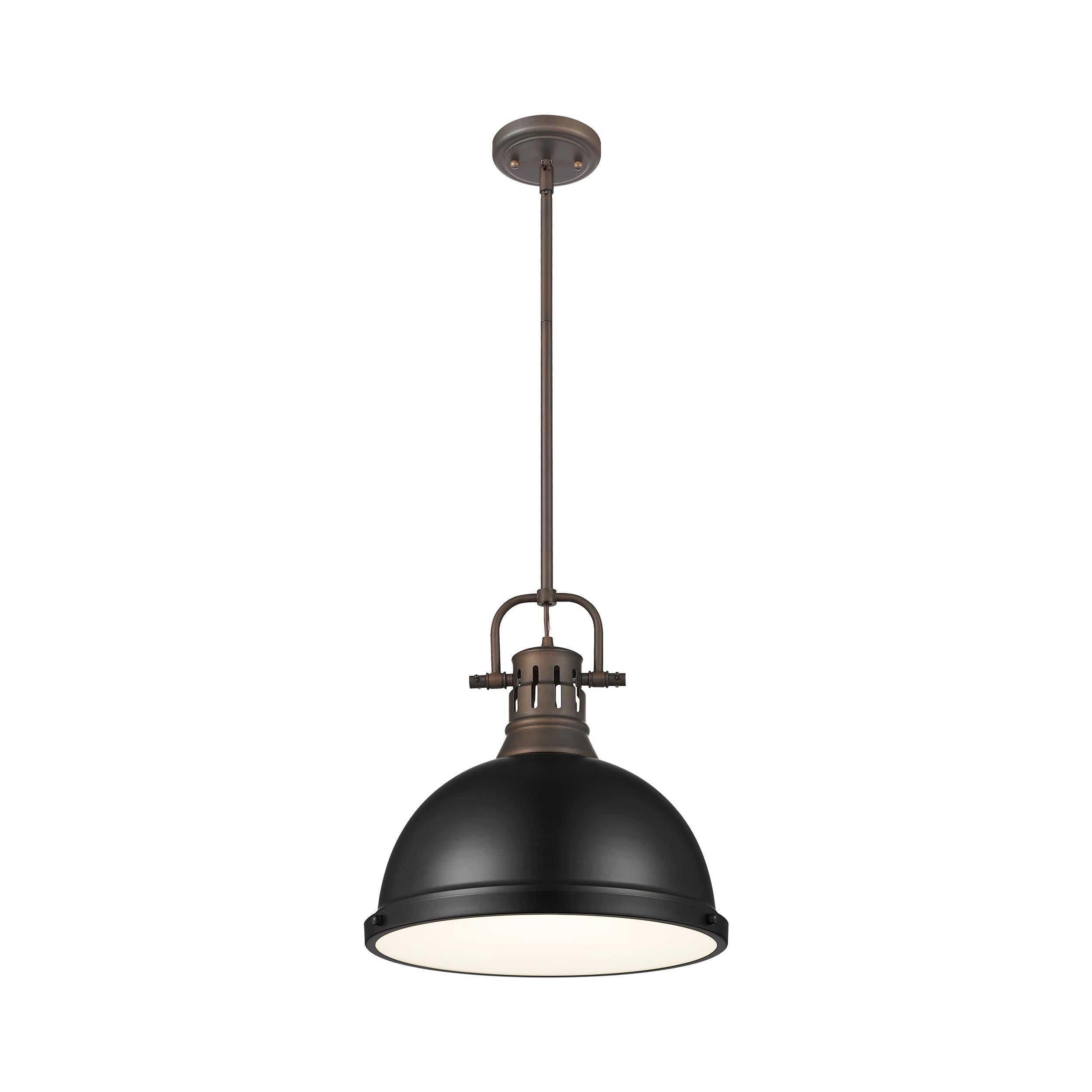 Yep by Golden Lighting Duncan 1-light 14in Rod Hung Pendant in Rubbed Bronze and Matte Black shade