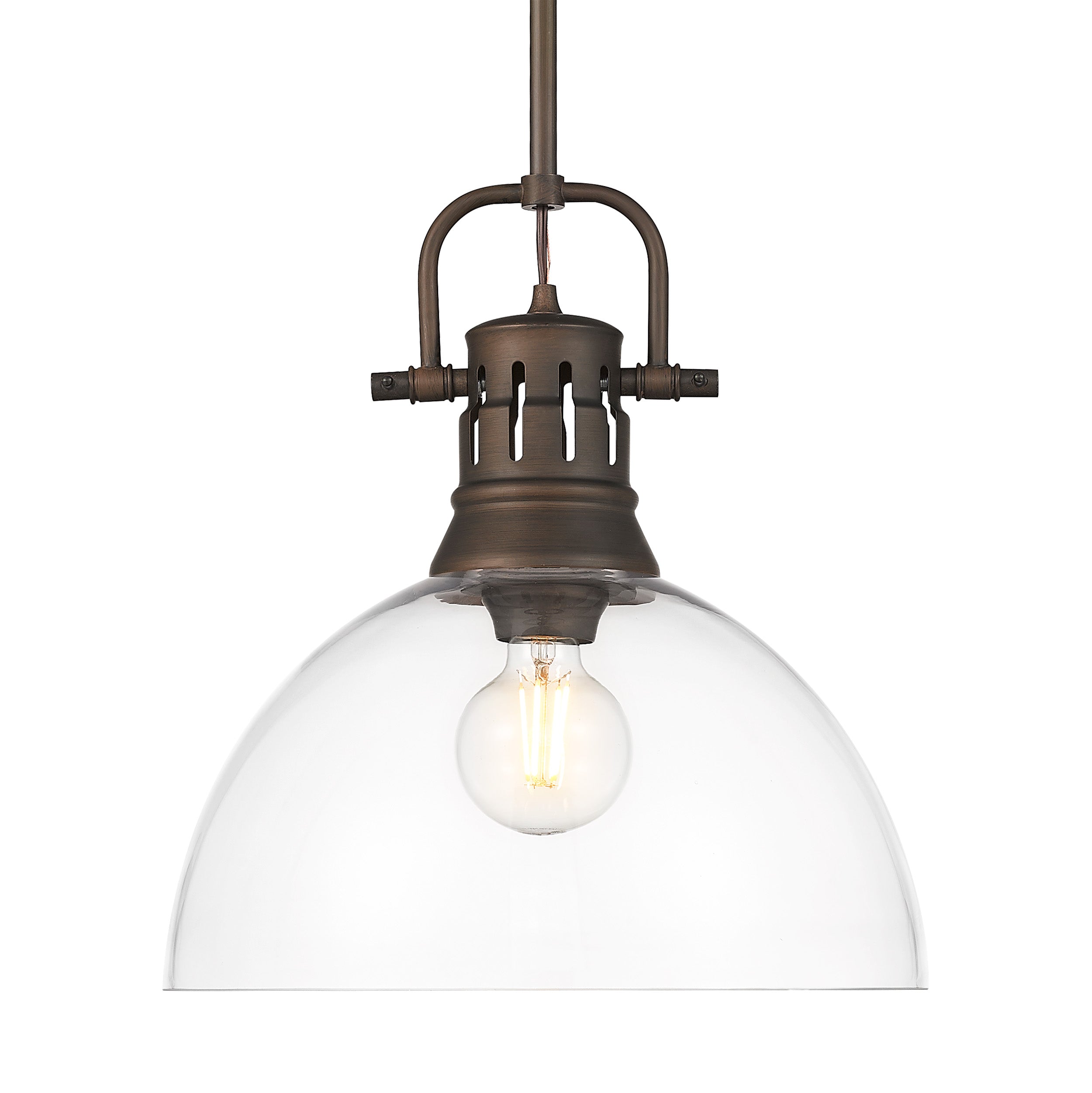 Yep by Golden Lighting Duncan 1-light 14in rod hung Pendant in Rubbed Bronze and Clear Glass