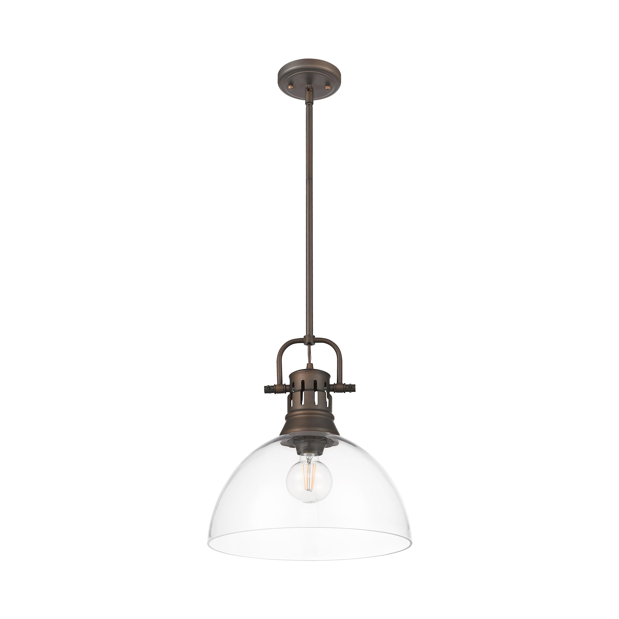 Yep by Golden Lighting Duncan 1-light 14in rod hung Pendant in Rubbed Bronze and Clear Glass - - Golden Lighting