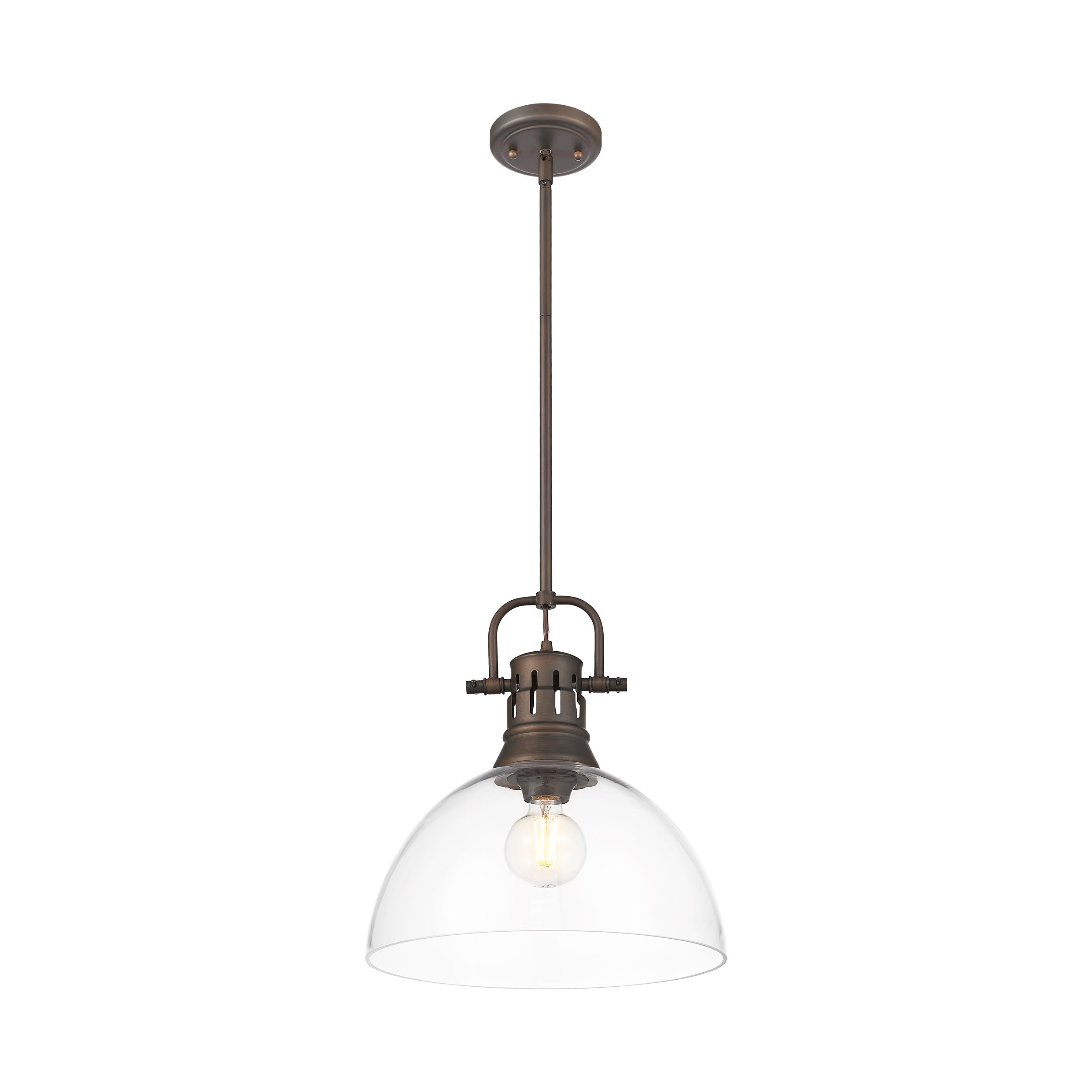Yep by Golden Lighting Duncan 1-light 14in rod hung Pendant in Rubbed Bronze and Clear Glass