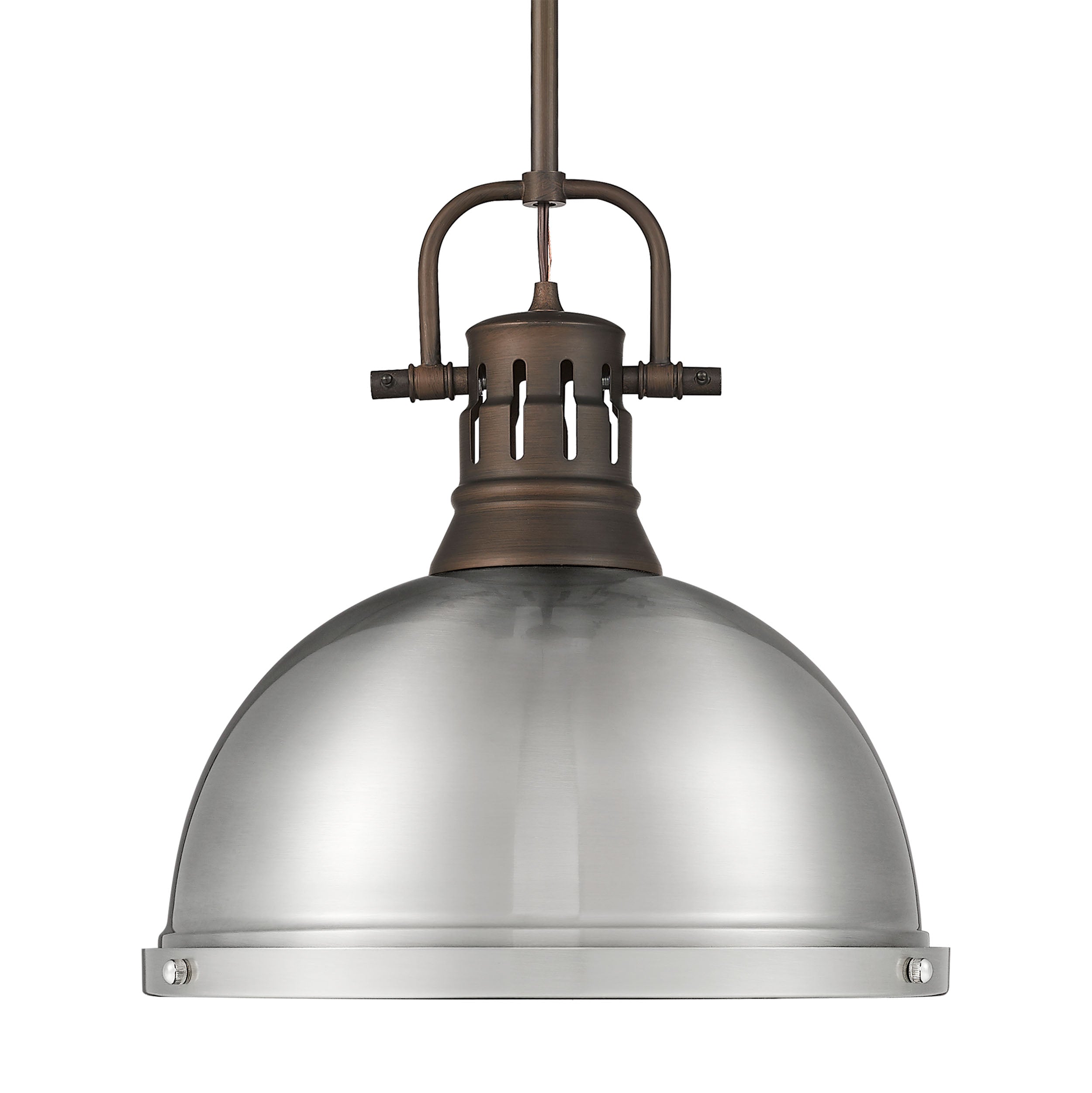 Yep by Golden Lighting Duncan 1-light 14in Rod Hung Pendant in Rubbed Bronze and Pewter shade