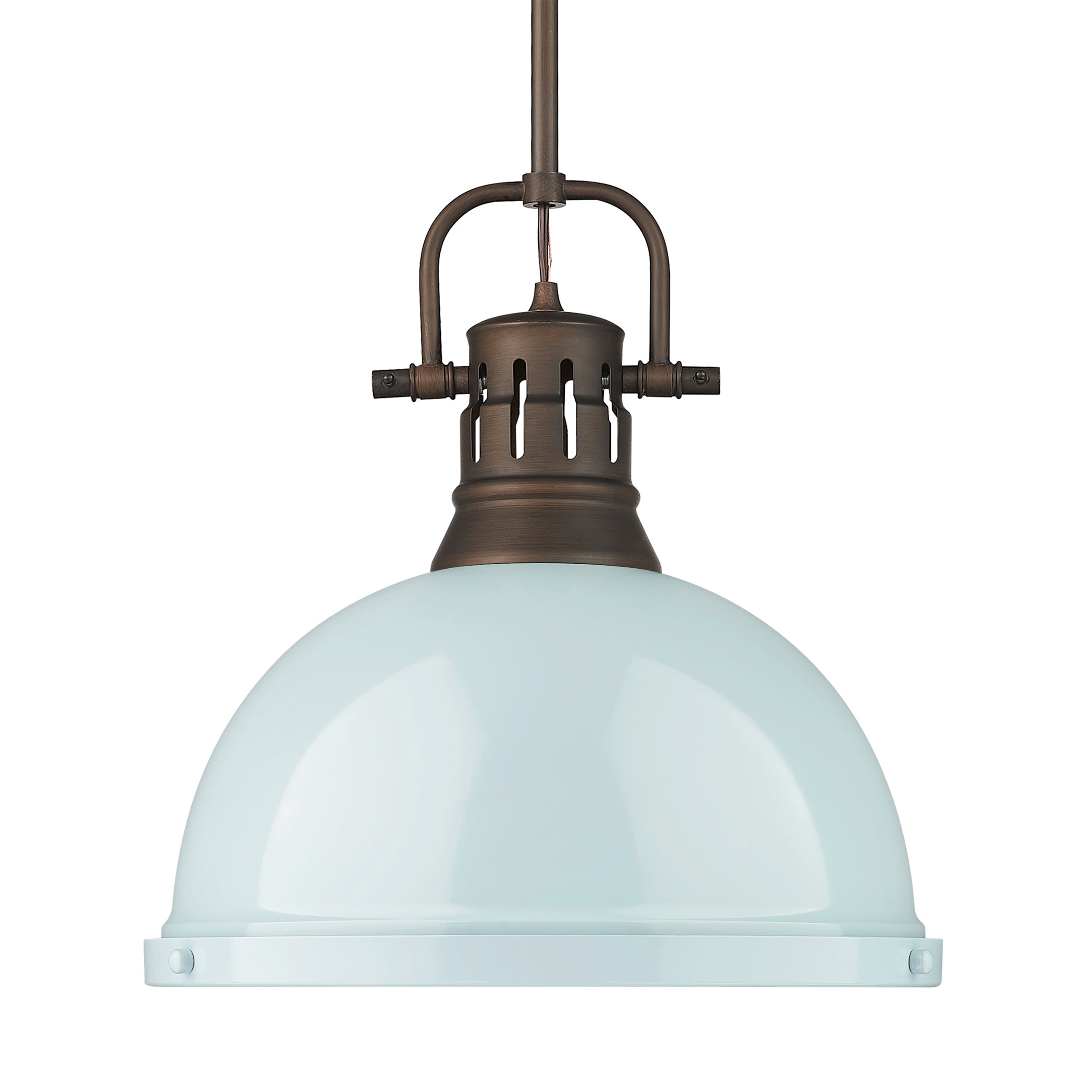 Yep by Golden Lighting Duncan 1-light 14in Rod Hung Pendant in Rubbed Bronze and Seafoam shade