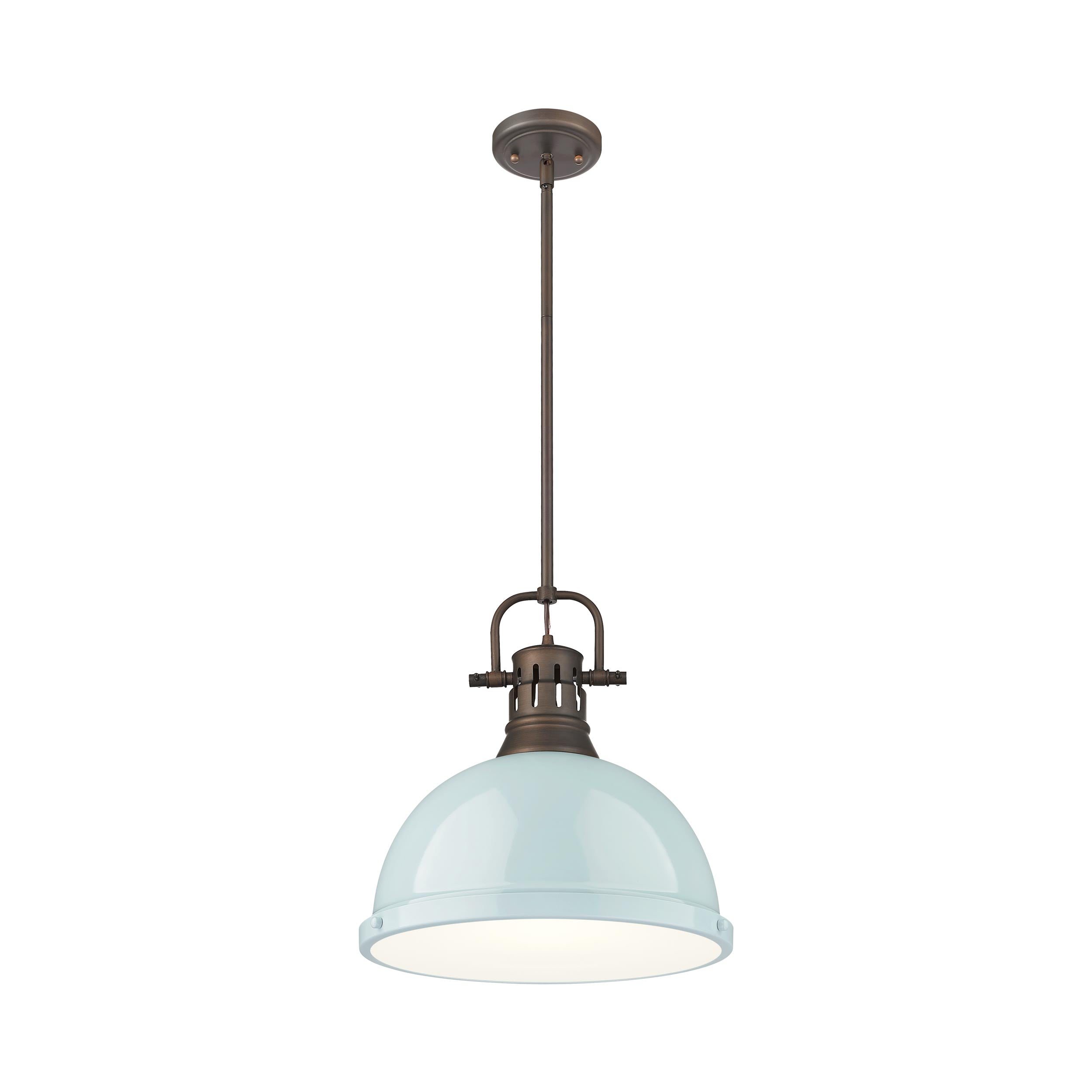 Yep by Golden Lighting Duncan 1-light 14in Rod Hung Pendant in Rubbed Bronze and Seafoam shade