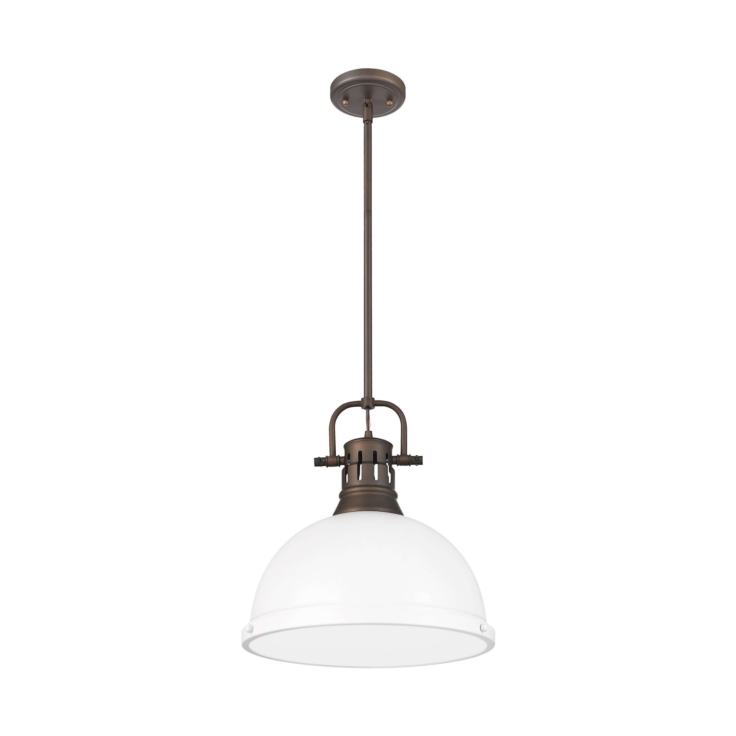 Yep by Golden Lighting Duncan 1-light 14in Rod Hung Pendant in Rubbed Bronze and Matte White shade - - Golden Lighting