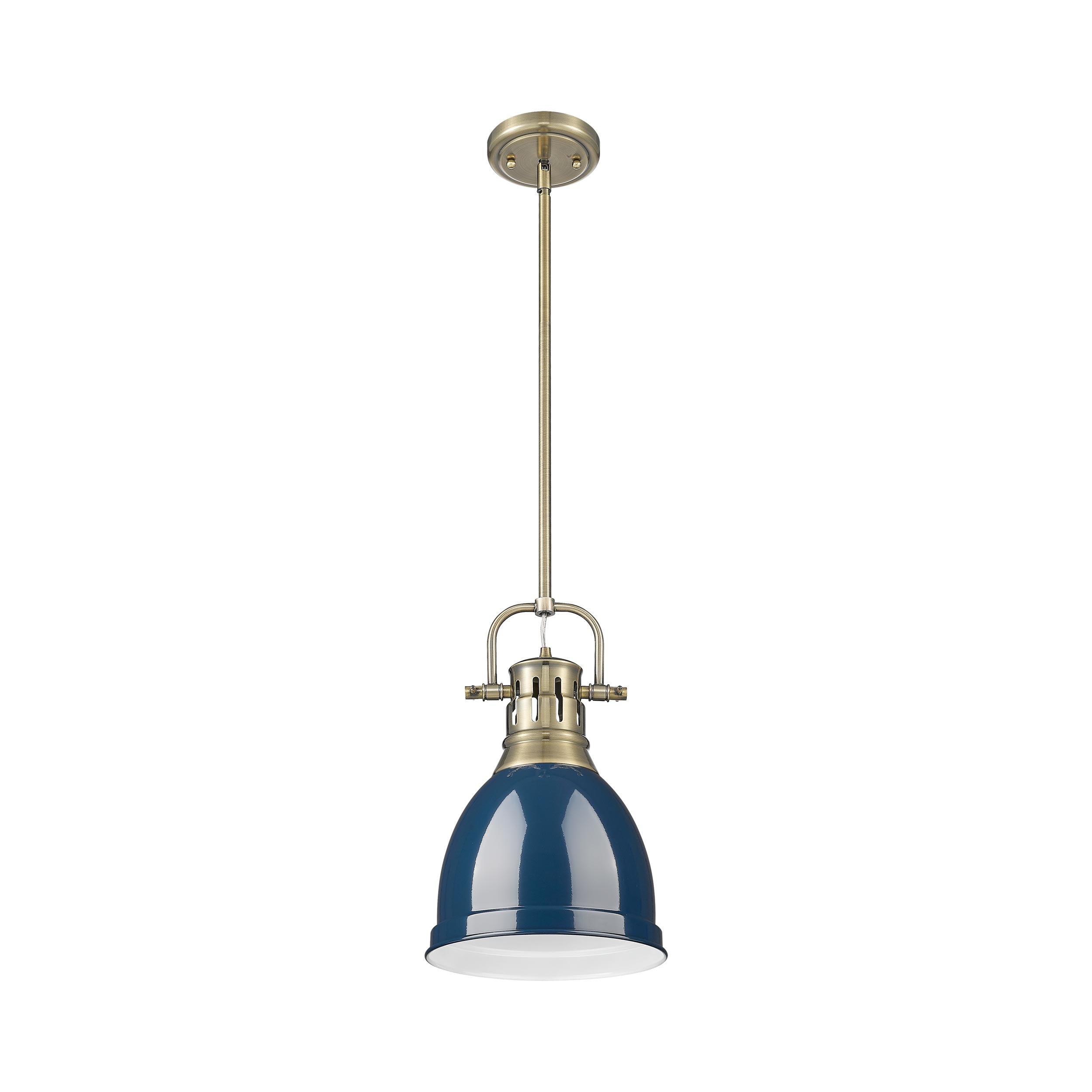 Yep by Golden Lighting Duncan 1-light 9in Rod Hung Pendant in Aged Brass and Navy Blue shade - - Golden Lighting